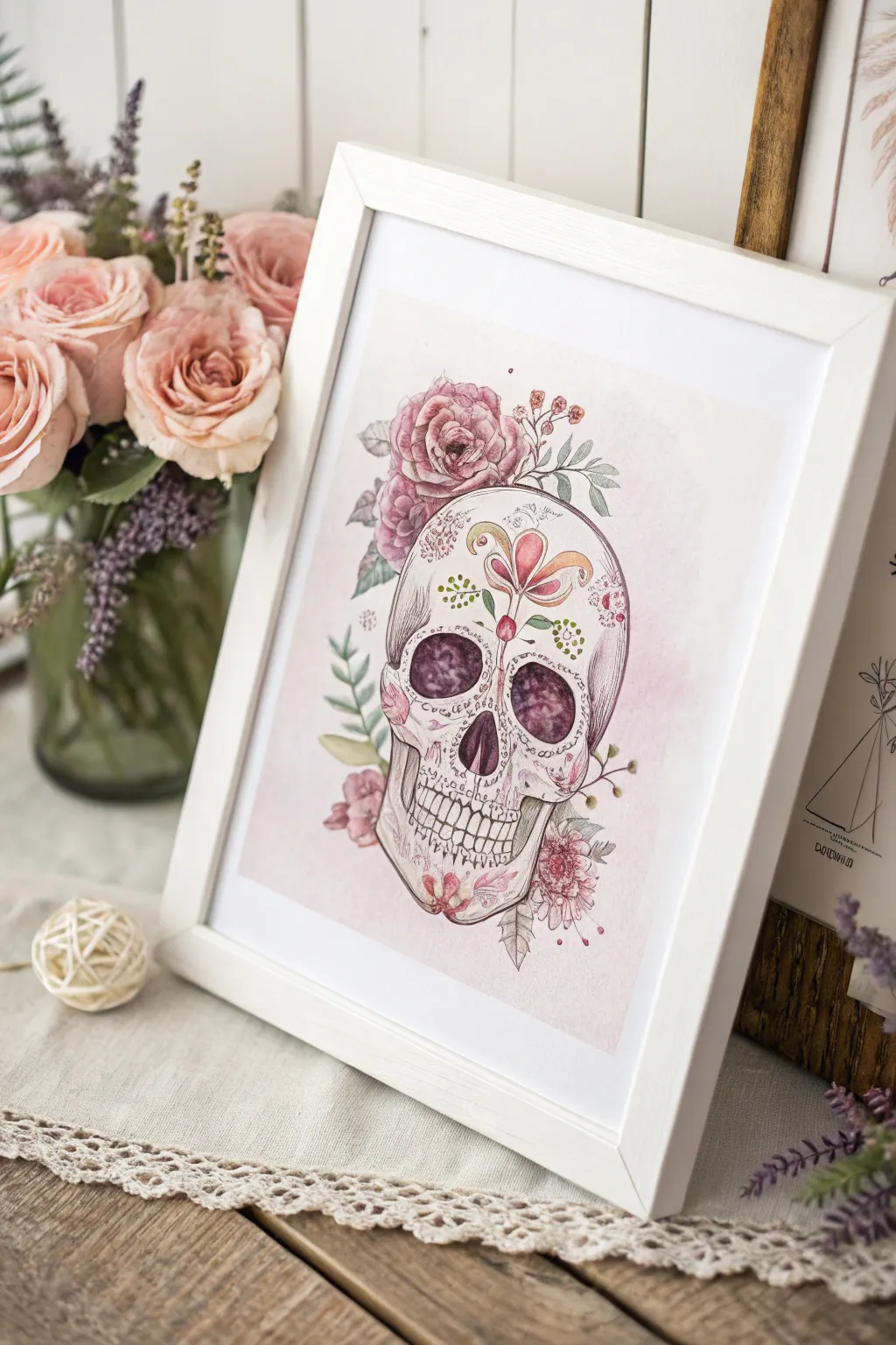 Soft watercolor sugar skull with gentle glazes, airy blooms, and minimalist boho detail
