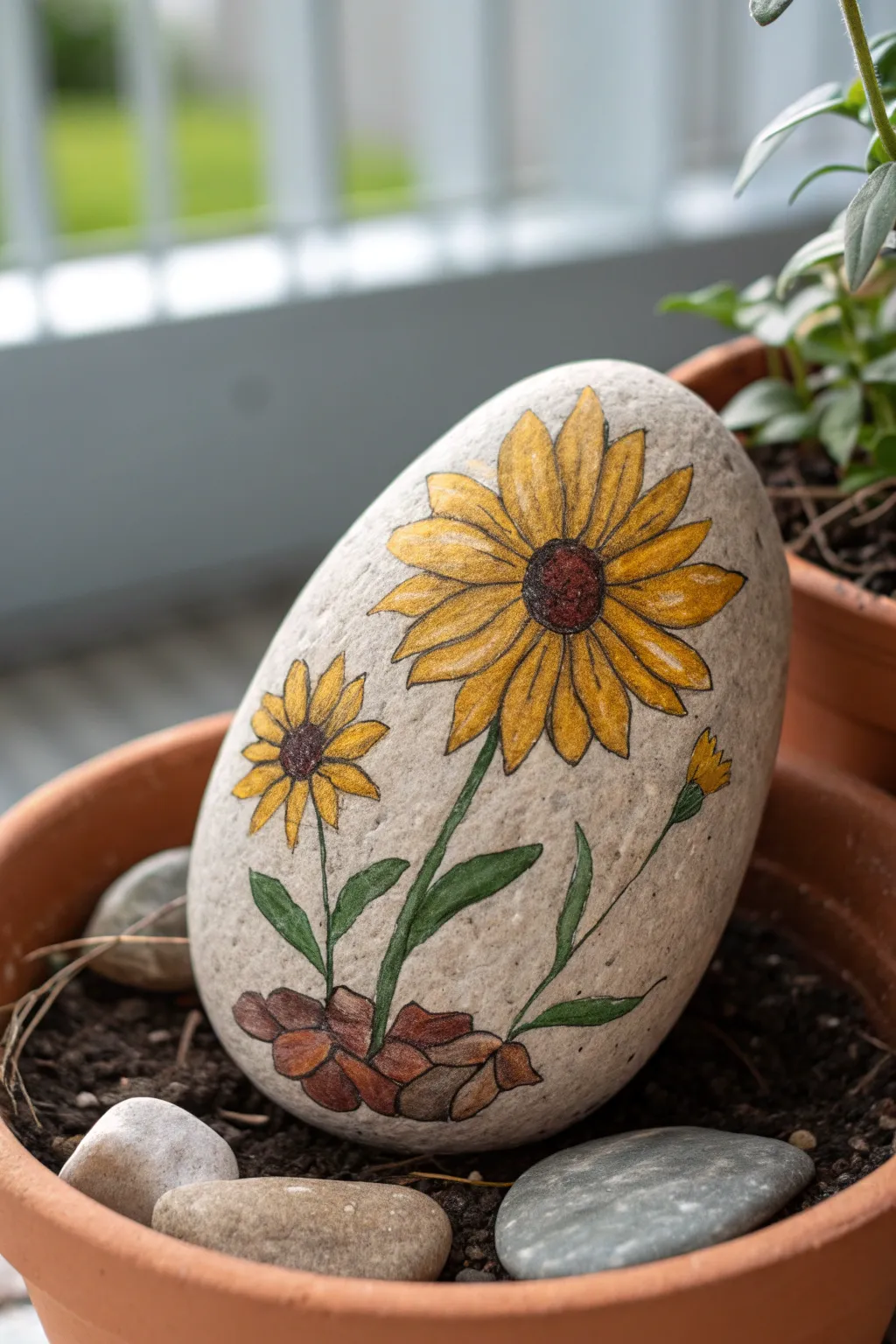 Sunflower and wildflower garden rock for easy summer rock painting inspiration today.