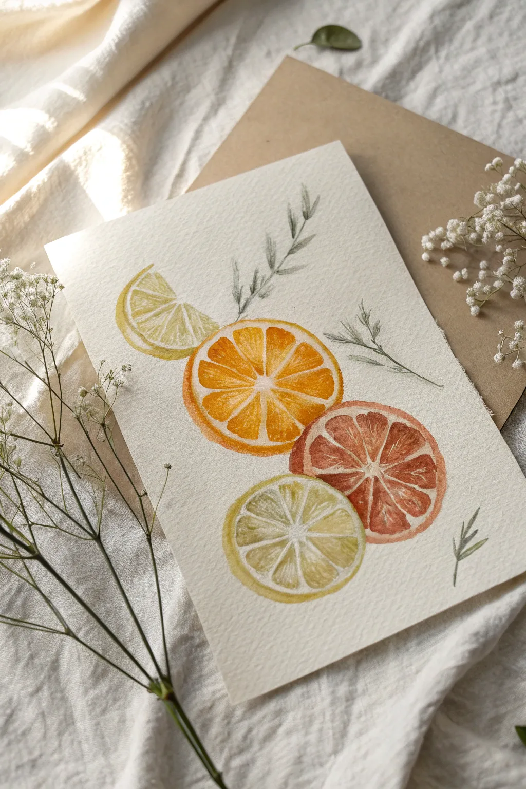 Juicy citrus slice watercolor study: crisp rinds, soft blooms, and sunlit summer color.