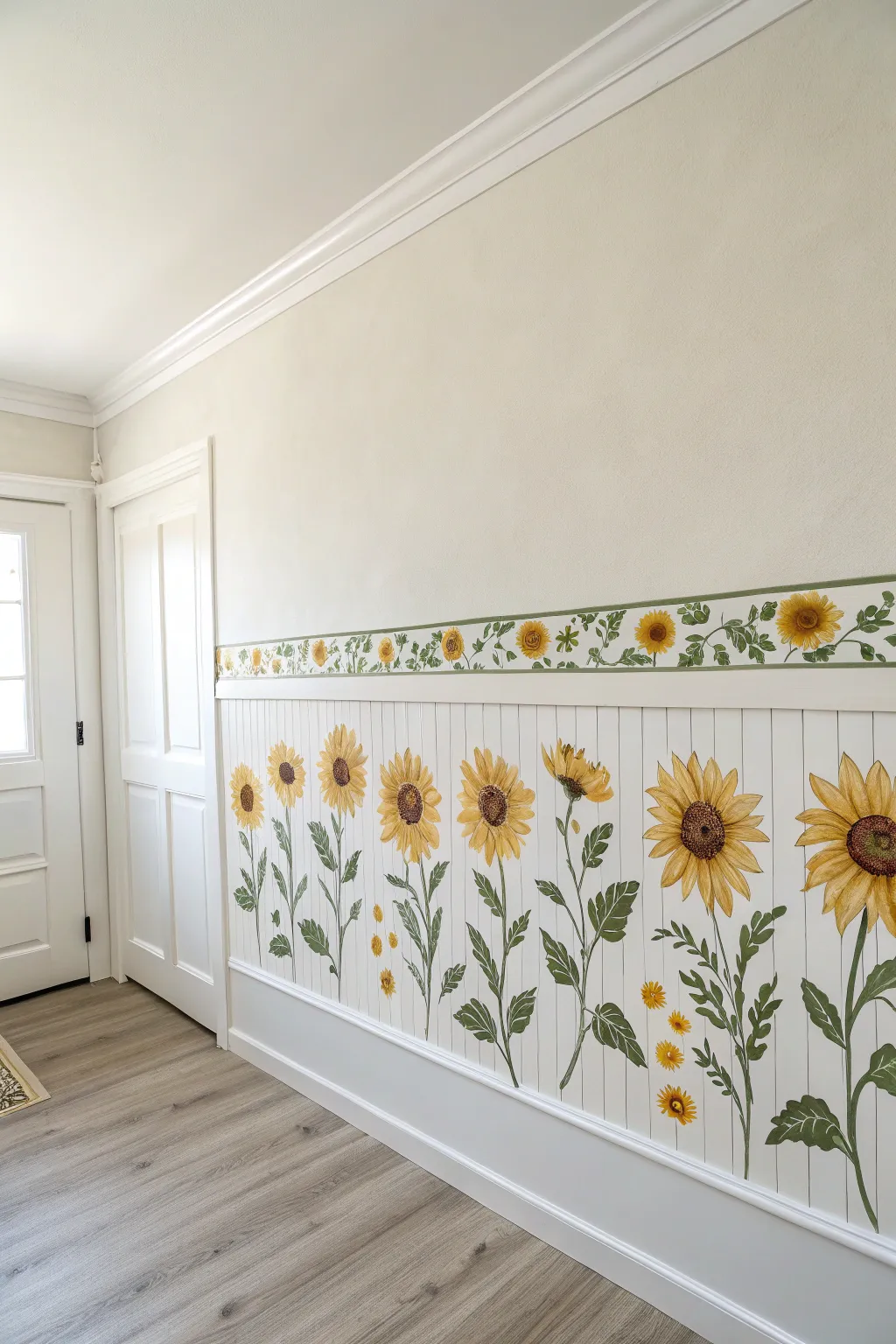 Hand-painted sunflower stencil border adds sunny charm without overwhelming a calm, minimalist wall.