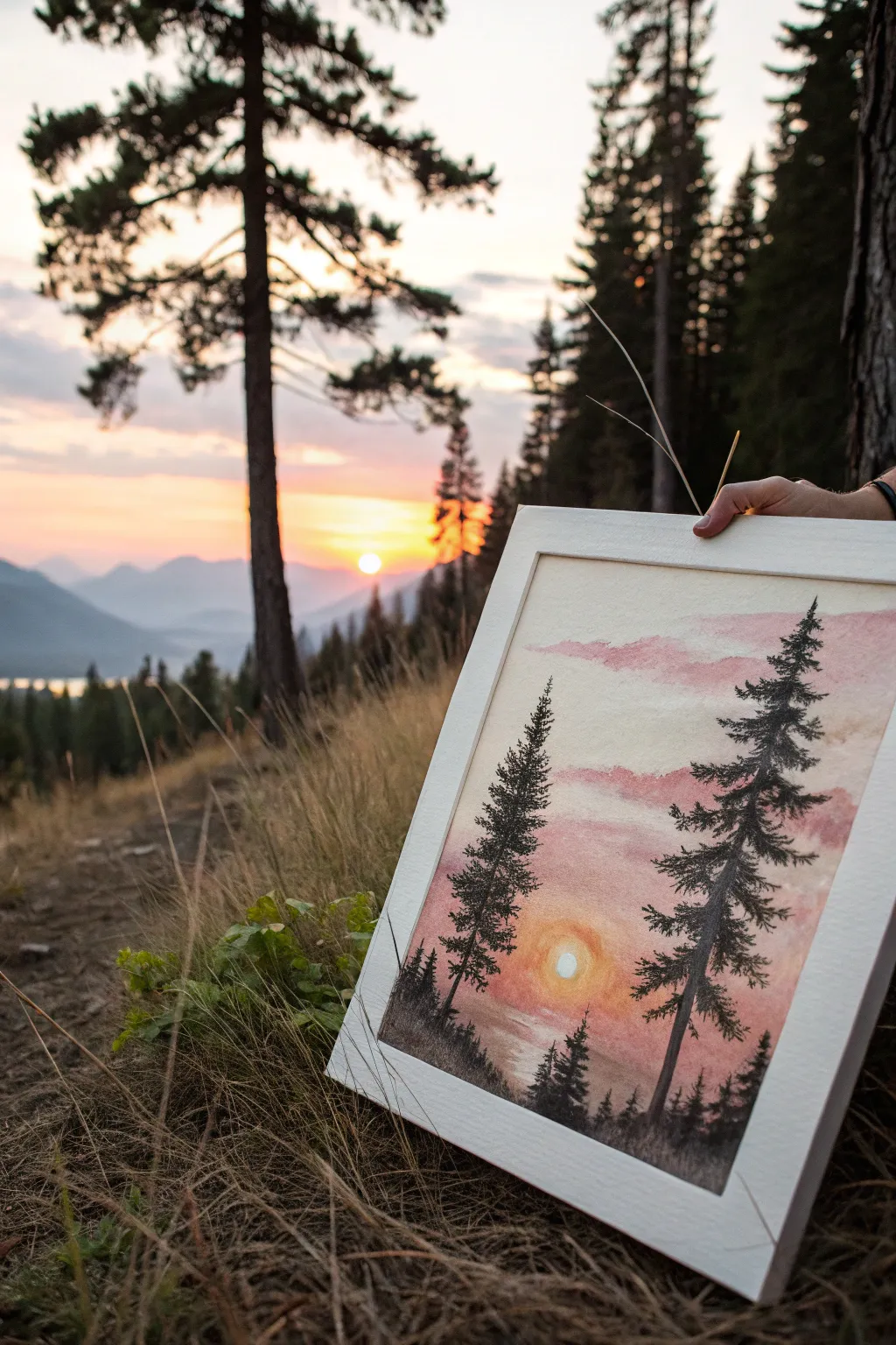 Minimal forest sunrise framed by tall pines, glowing sky in a calm Scandinavian palette.