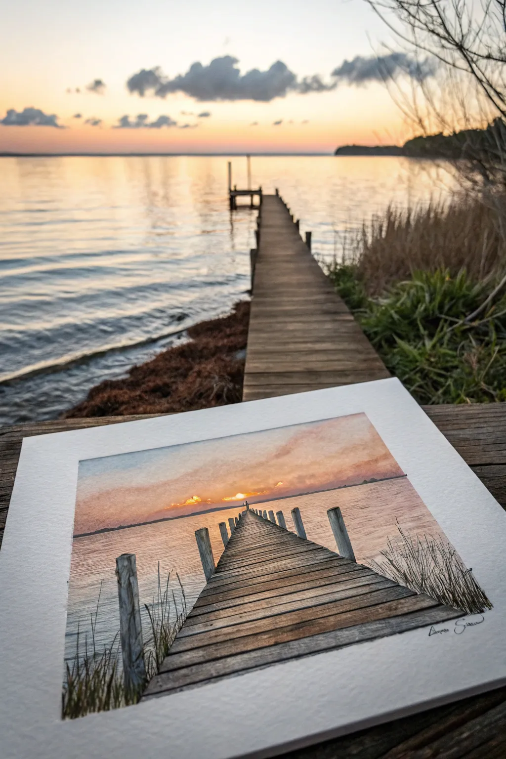 Simple dock-to-sunset drawing in warm watercolor tones with calm reflections and clean Nordic style