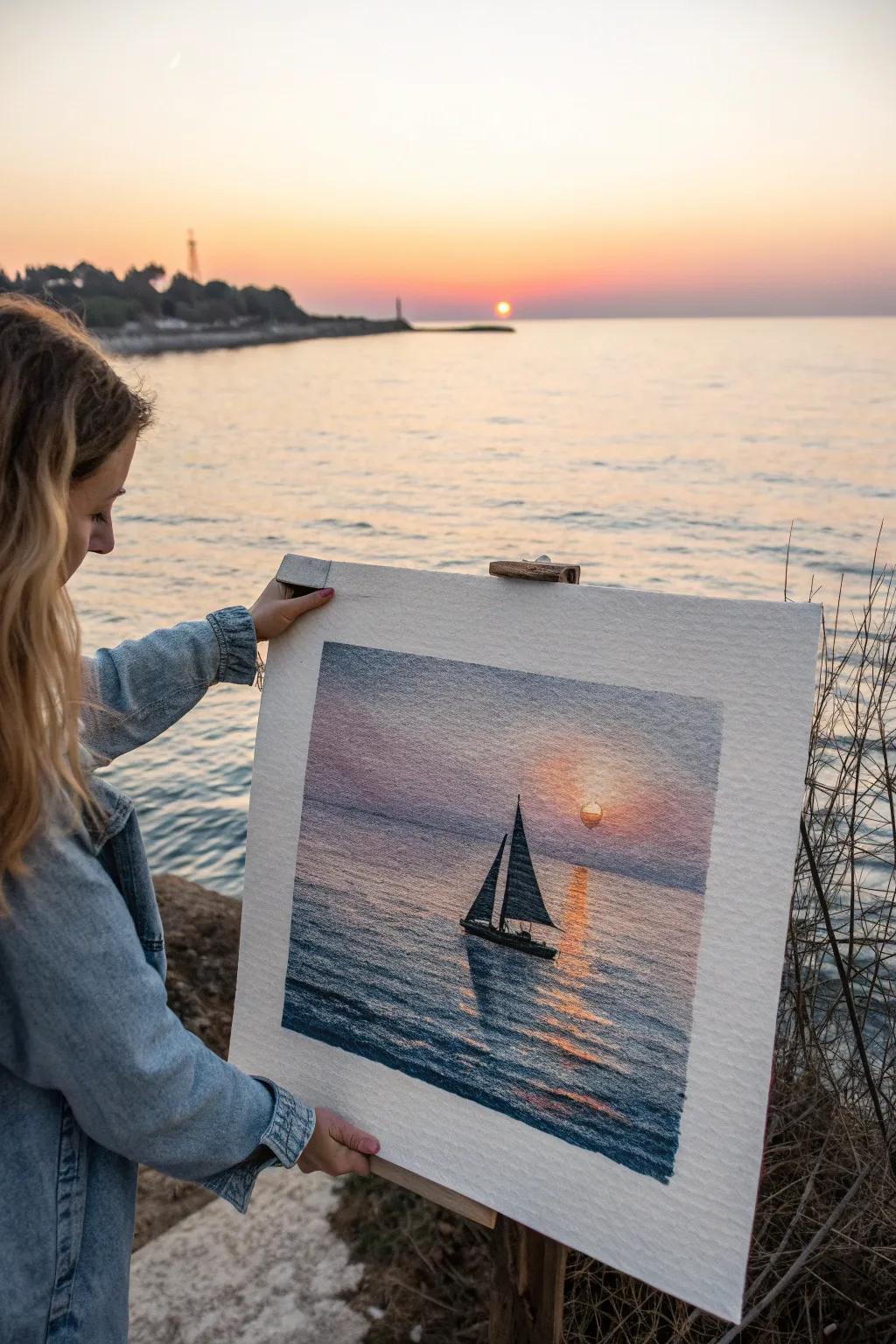 Minimalist sunset silhouette: a tiny sailboat gliding across a glowing horizon line.