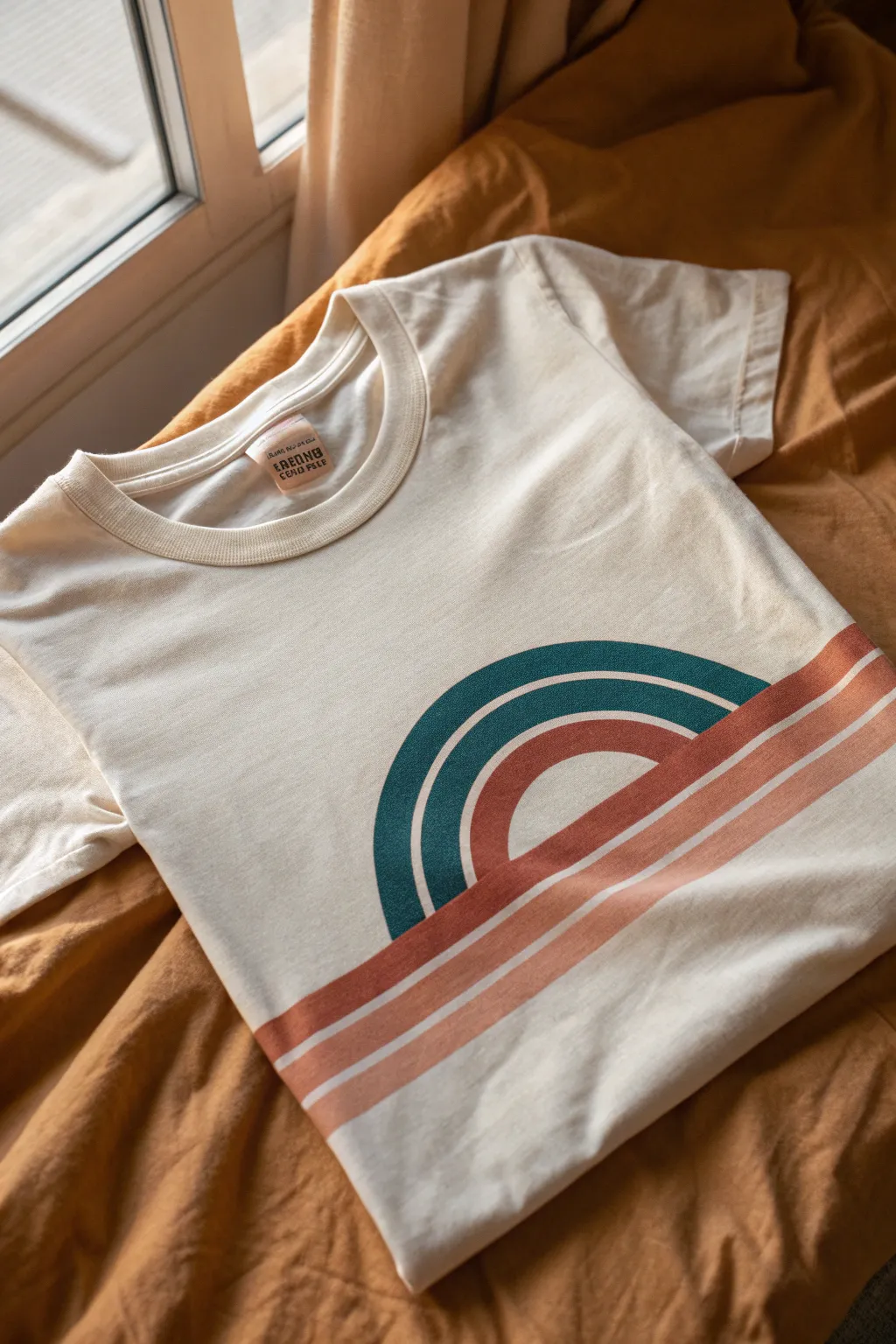 Minimal retro sunset stripes on a crisp tee, styled in a warm Scandinavian boho flat lay.