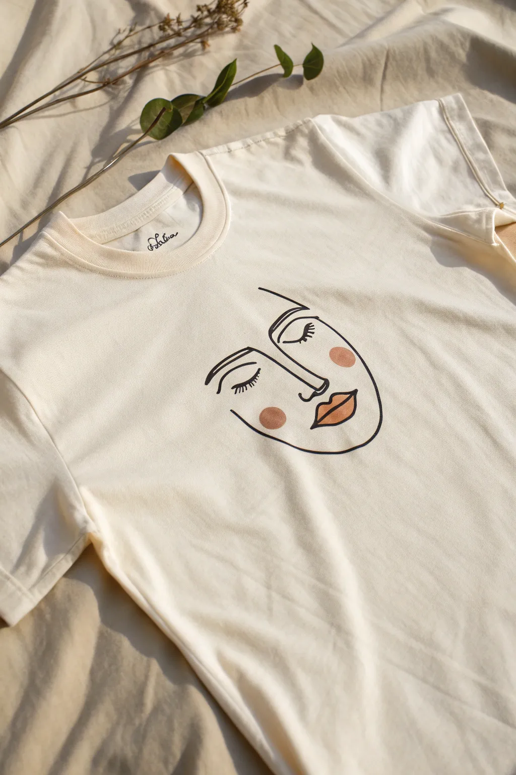Minimal line art tee design with a subtle blush accent, perfect for elegant DIY shirt painting.
