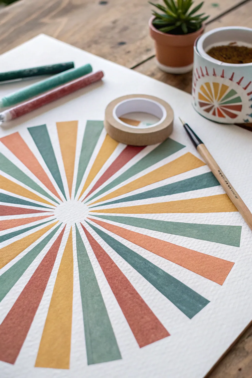 Clean sunburst tape art with crisp edges and bold wedges, perfect for minimalist boho walls.