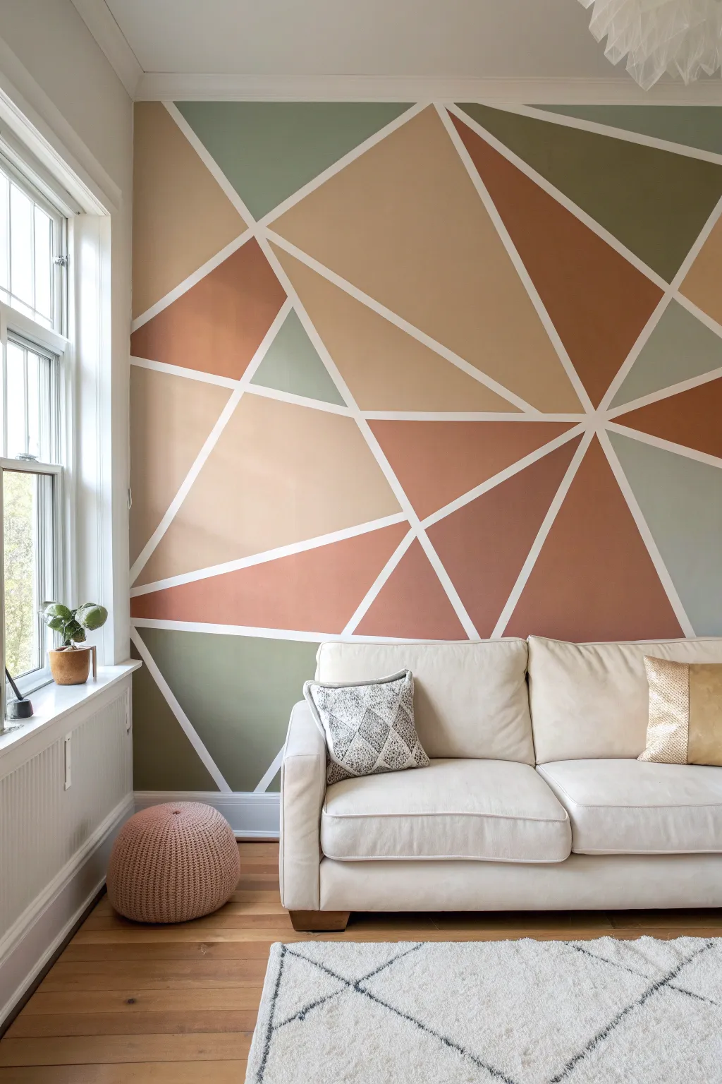 Big geometric taped accent wall in soft boho tones with crisp white lines for bold contrast