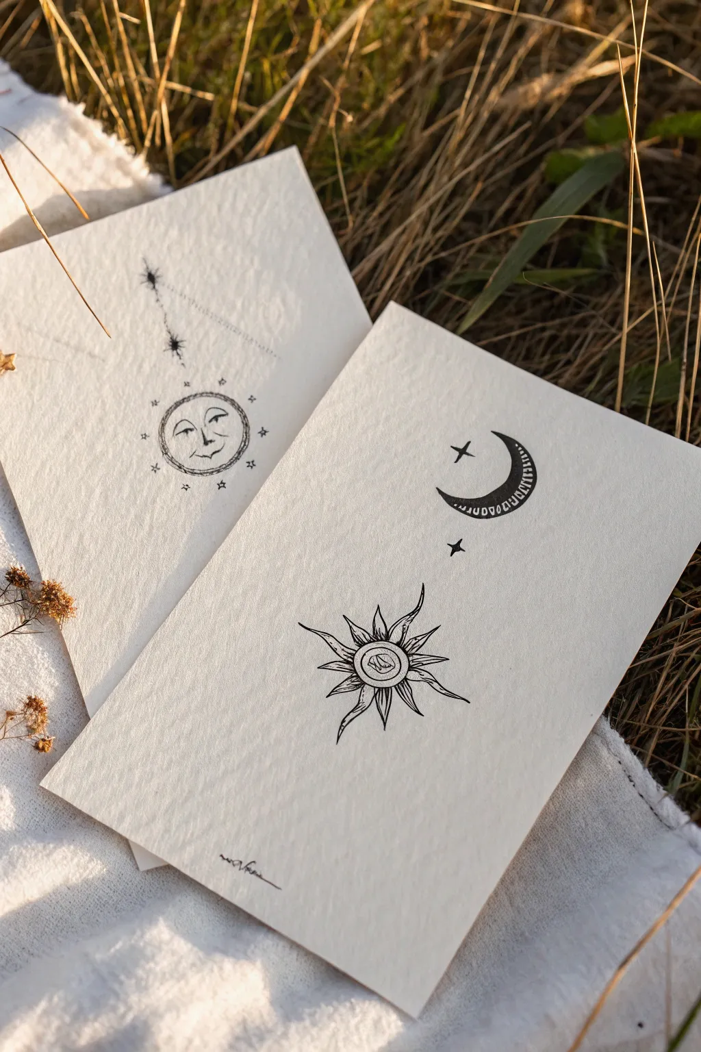 Minimal sun and crescent moon tattoo flash pair in clean black ink on textured paper.
