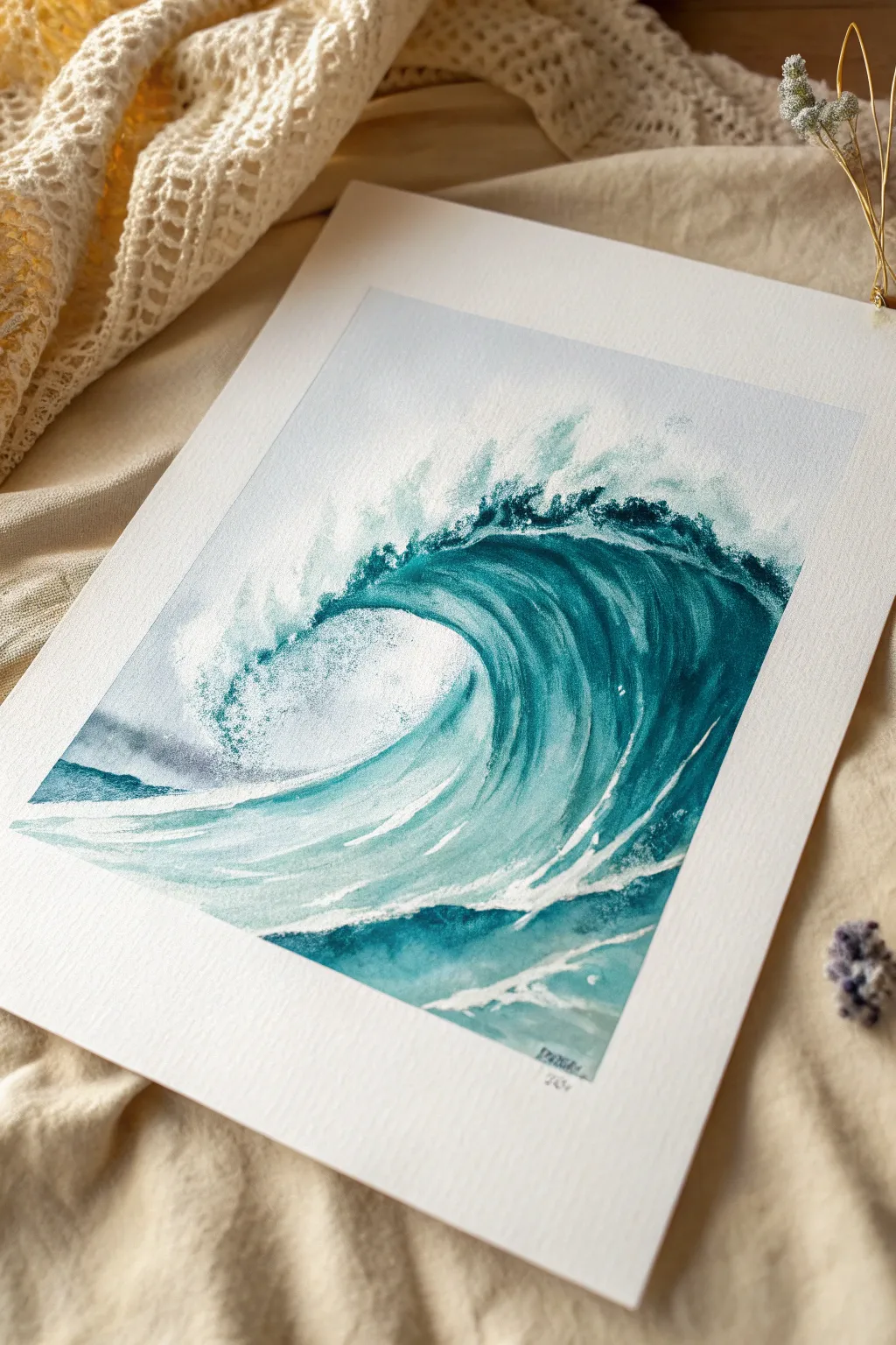 Teal wave study with bold shadows and thick white foam textures, minimalist and serene