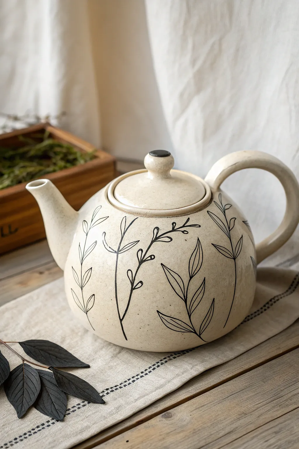 Matte teapot with flowing botanical line art, minimalist Scandinavian calm with boho warmth