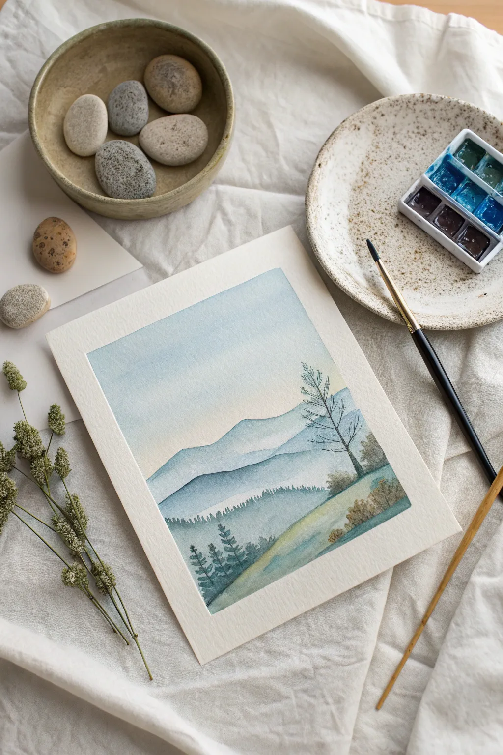 Sponge-dabbed tempera landscape texture, clean minimal setup with soft boho studio warmth