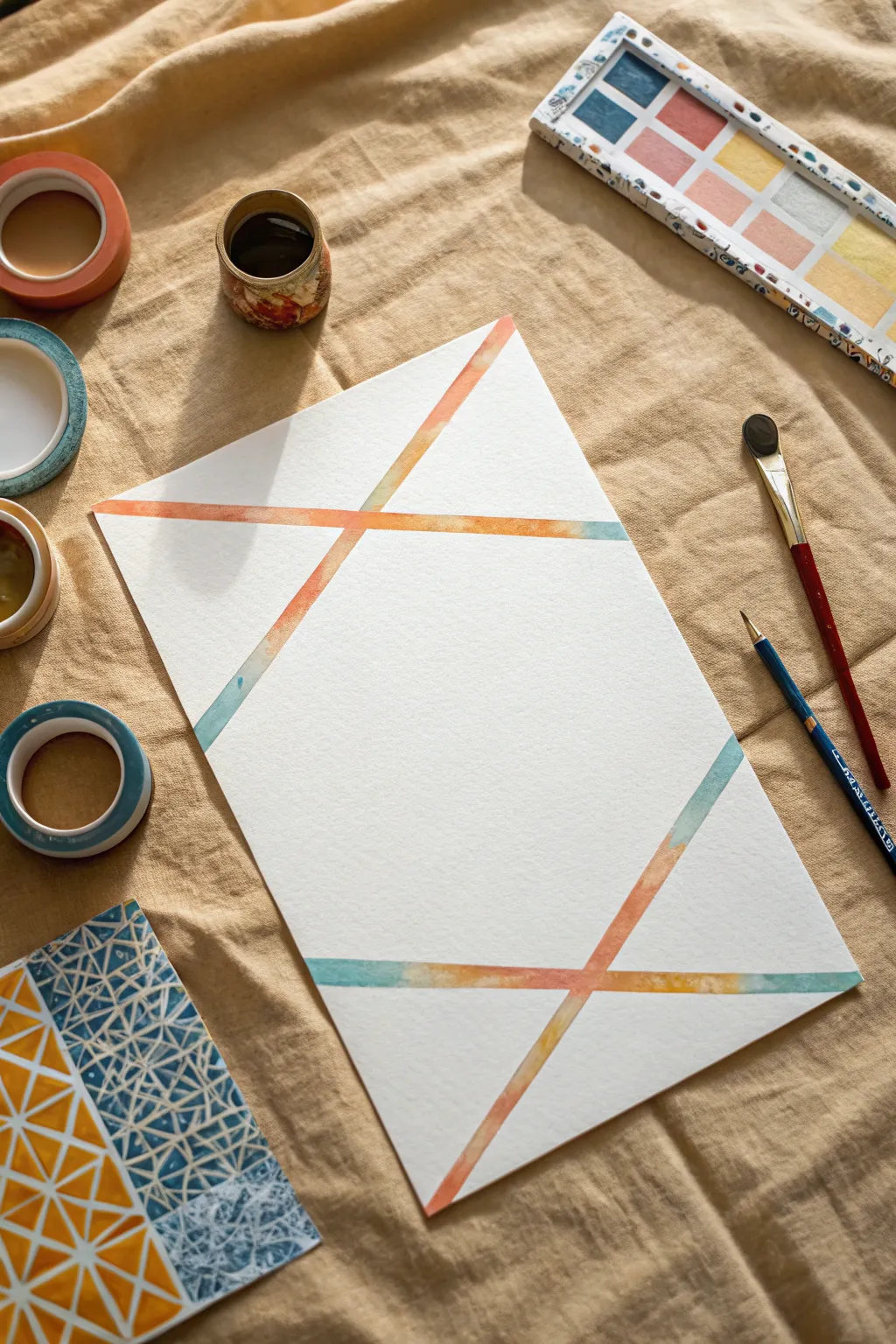 Tape resist geometrics with tempera paint sticks: bold color blocks and crisp white lines