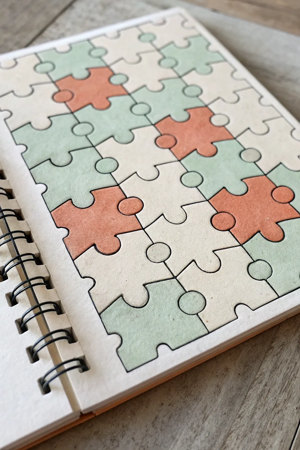 Interlocking puzzle-piece tessellation in sage and terracotta, crisp ink lines and calming symmetry.