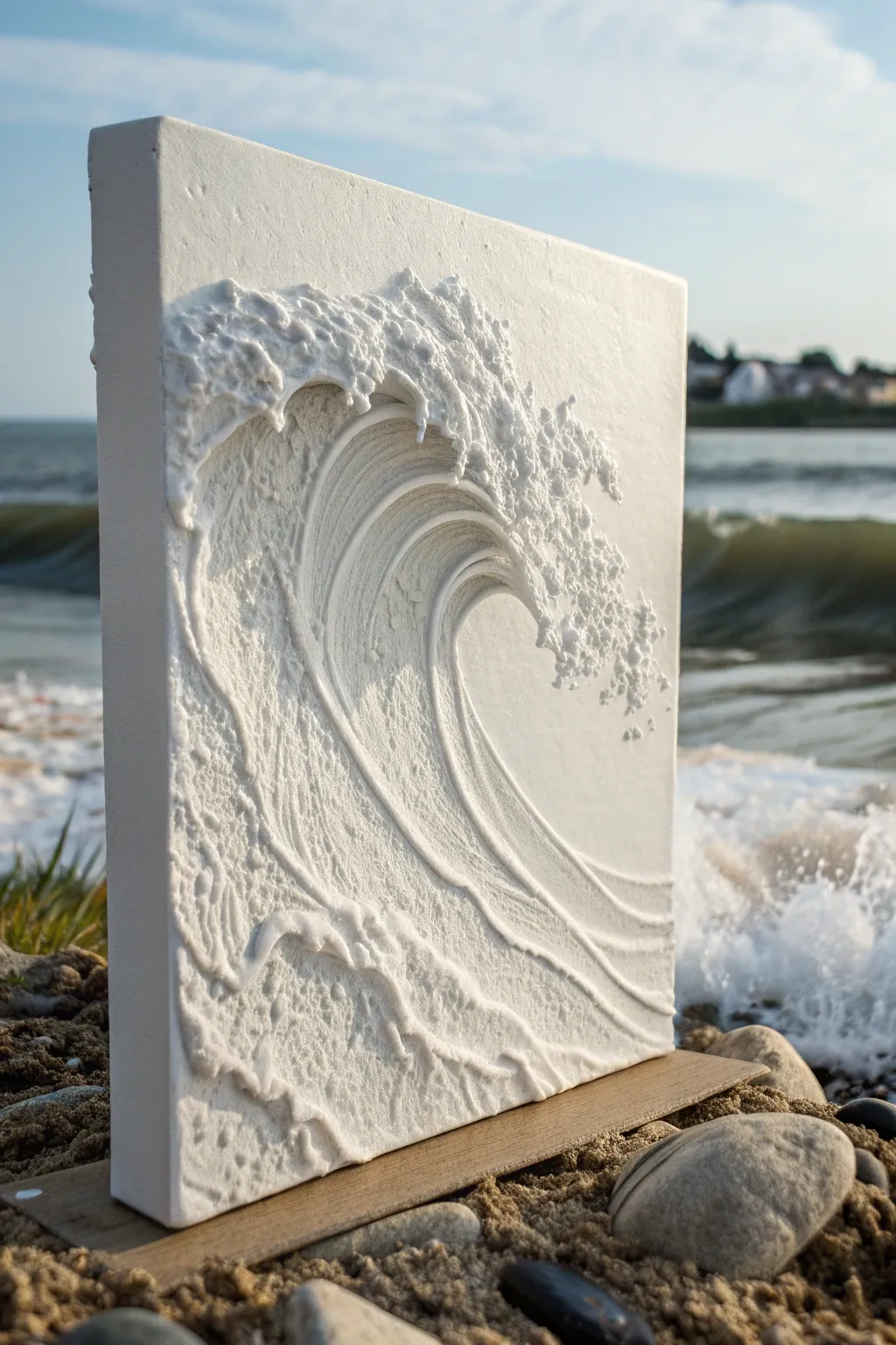 Soft foam wave relief: white-on-white texture art that brings calm seascapes to life.