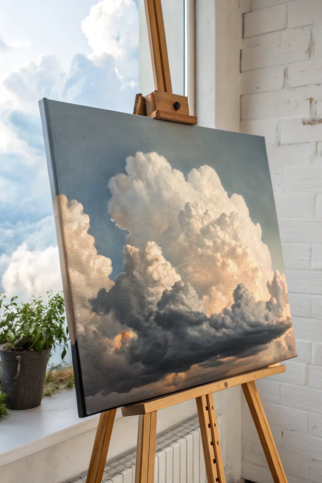 Palette knife cloud banks with creamy impasto texture and soft Scandinavian sky tones