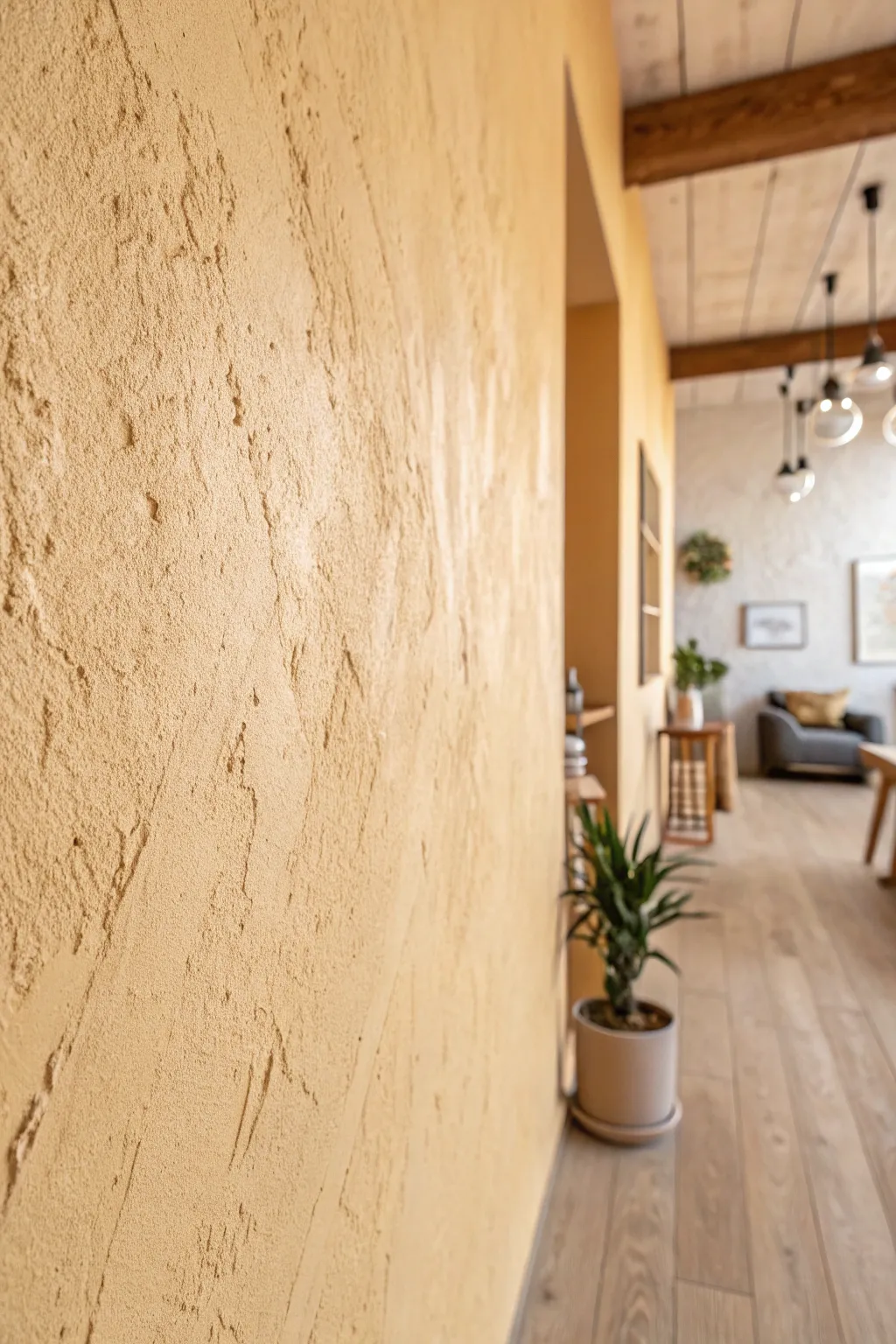 Warm beige sand-infused paint with raking light reveals a beachy, gritty texture in calm neutrals.