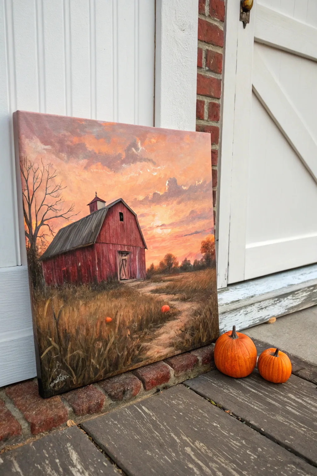 Paint-night inspiration: a rustic red barn glowing at Thanksgiving sunset with cozy pumpkins.