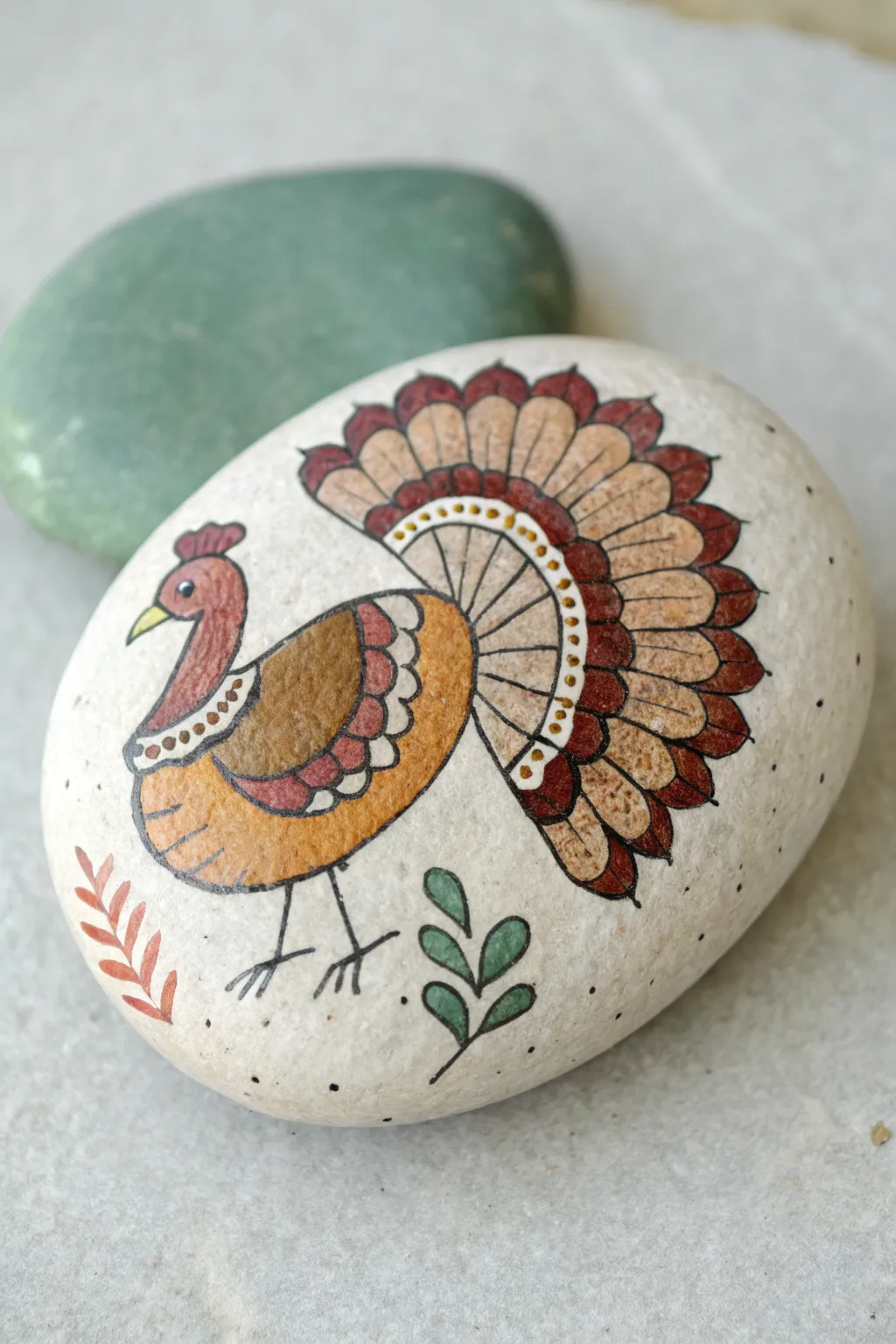 Modern color-block turkey painted rock in warm earthy tones, minimalist Thanksgiving craft inspo.