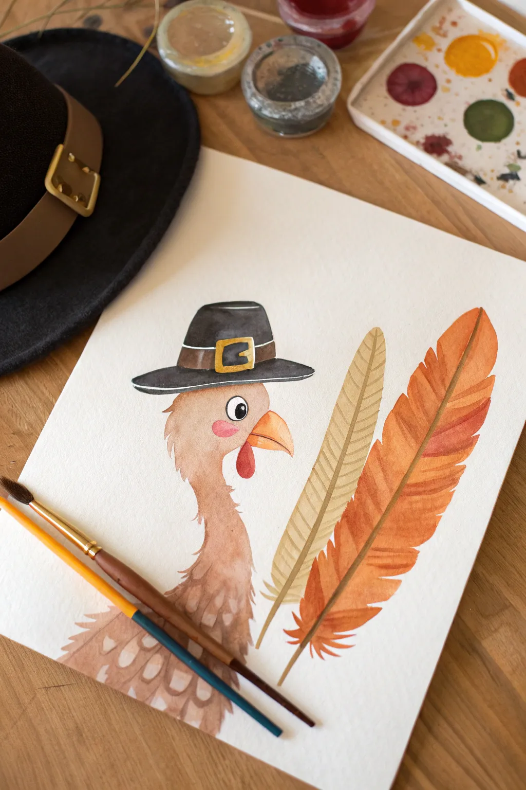 Easy Pilgrim Hat Turkey painting idea for instant Thanksgiving vibes, minimalist and boho-cute.