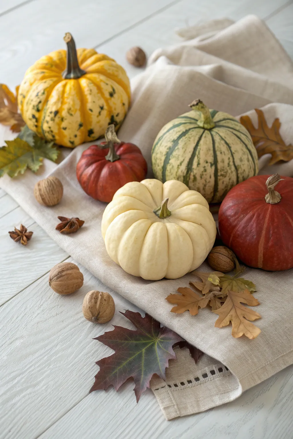 Painted harvest pumpkin cluster, cornucopia vibe in soft boho Scandinavian style for Thanksgiving decor.