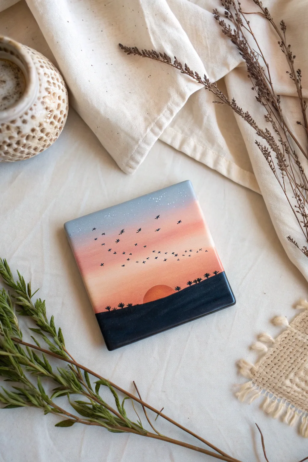 Mini sunset landscape tile in warm boho tones, an easy painting idea for beginners.