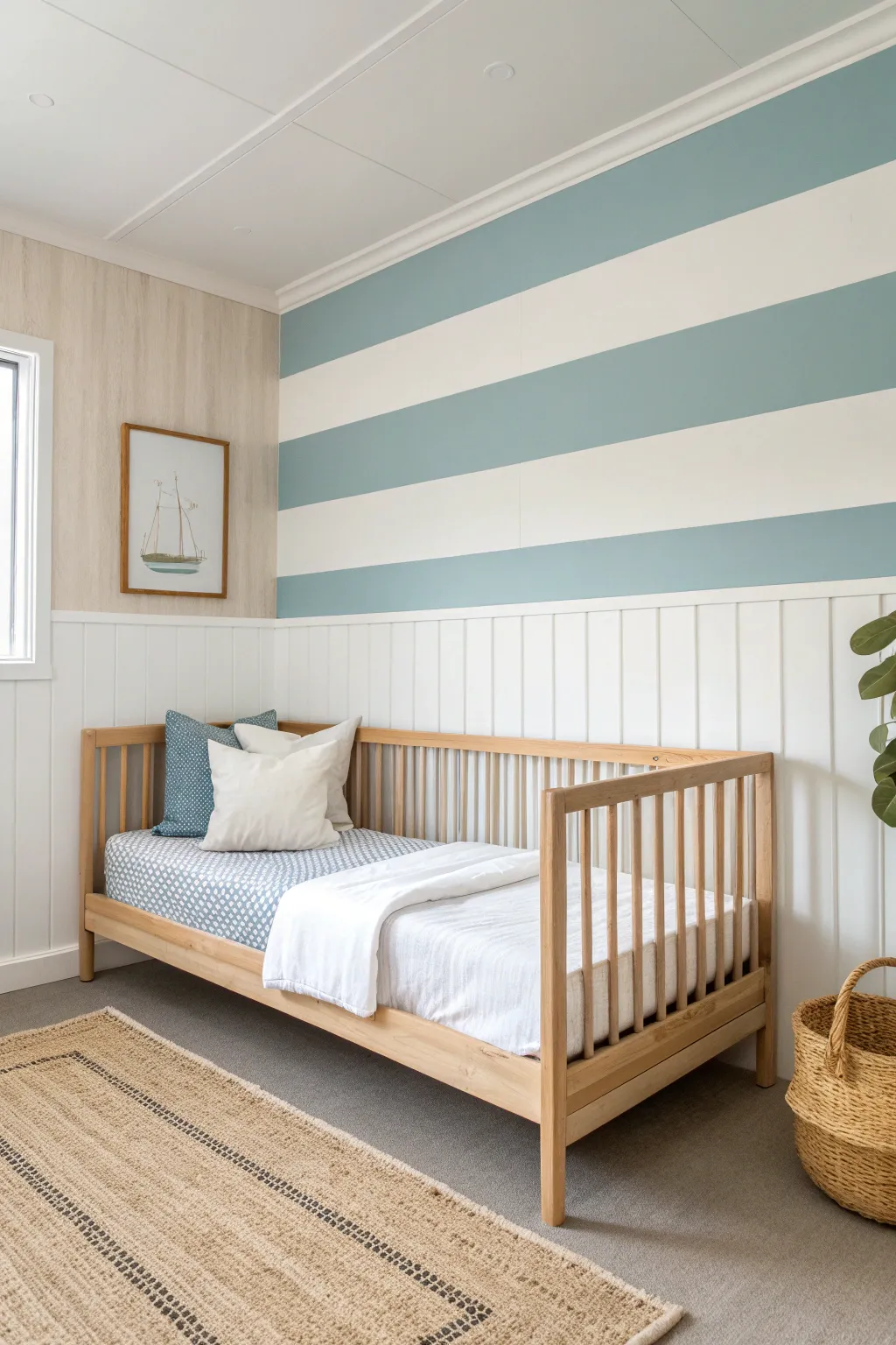 Soft blue and white stripes make a timeless, calming feature wall for a toddler boy room