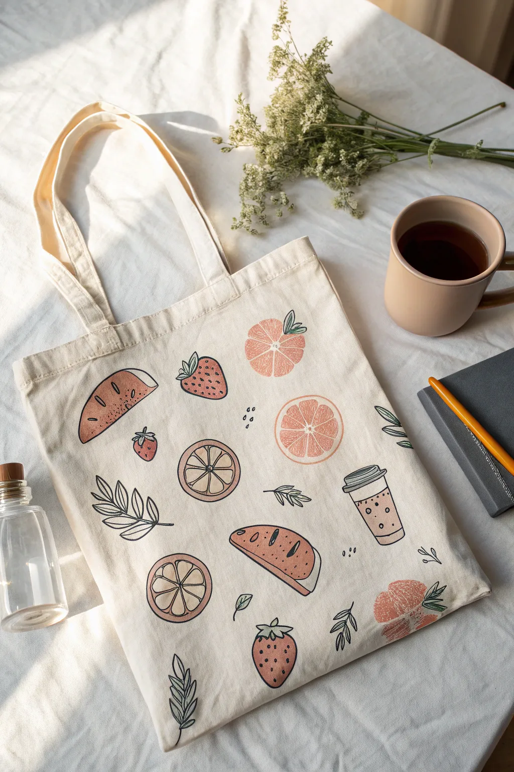Minimalist flat-lay tote with playful food doodles, soft boho palette and crisp contrast.