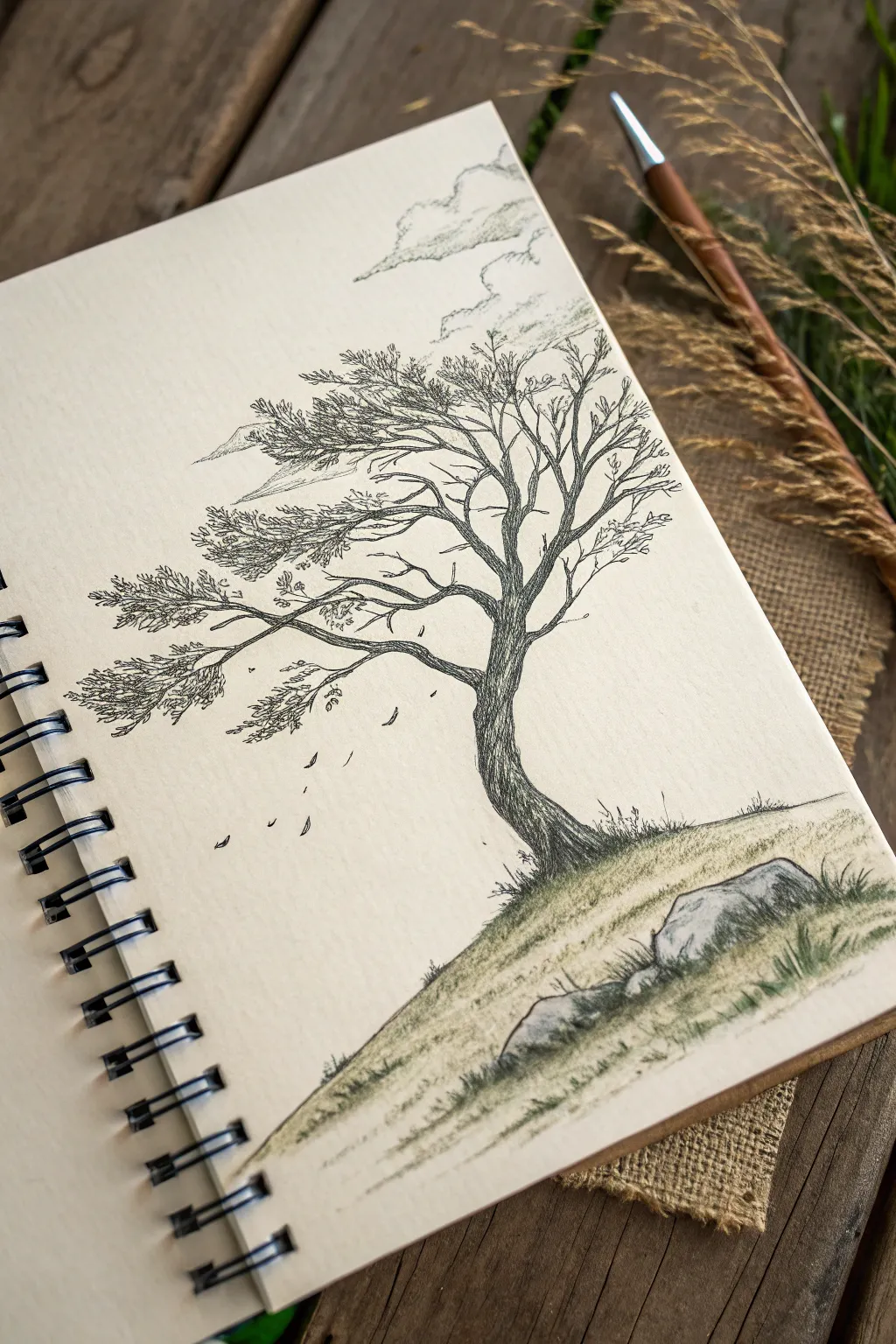 Windblown tree sketch idea: sweeping branches, simple lines, and a hint of motion.