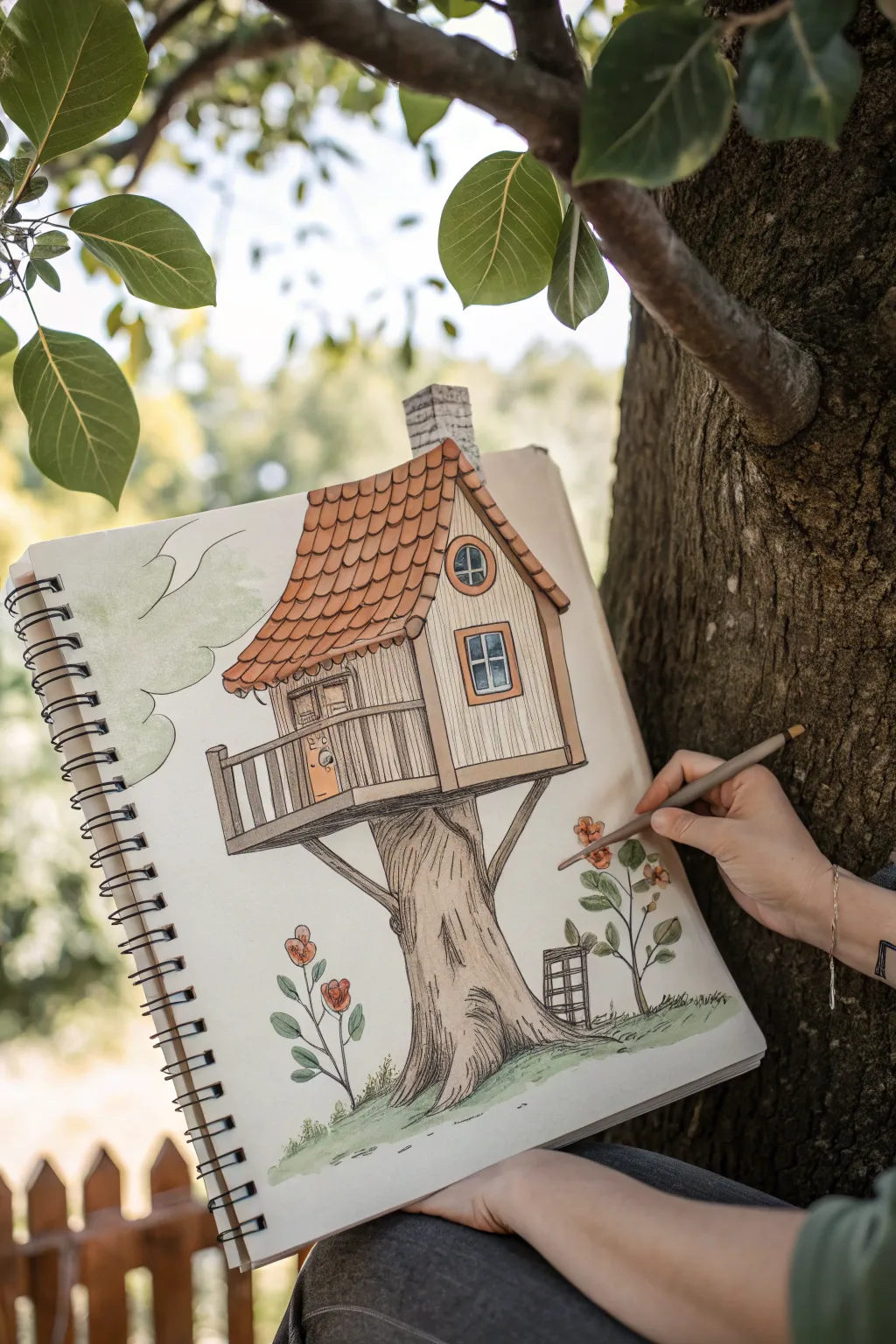 Cozy cottage tree house sketch with boho florals and a tiny porch, perfect to draw today