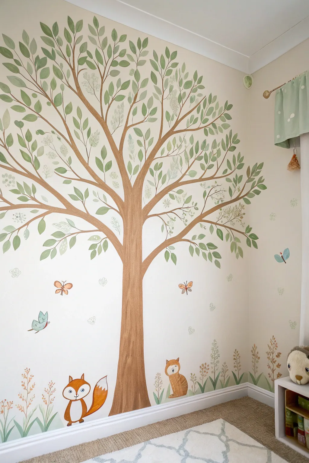 Playroom tree mural with tiny squirrels, owls, and butterflies tucked in for hidden moments.