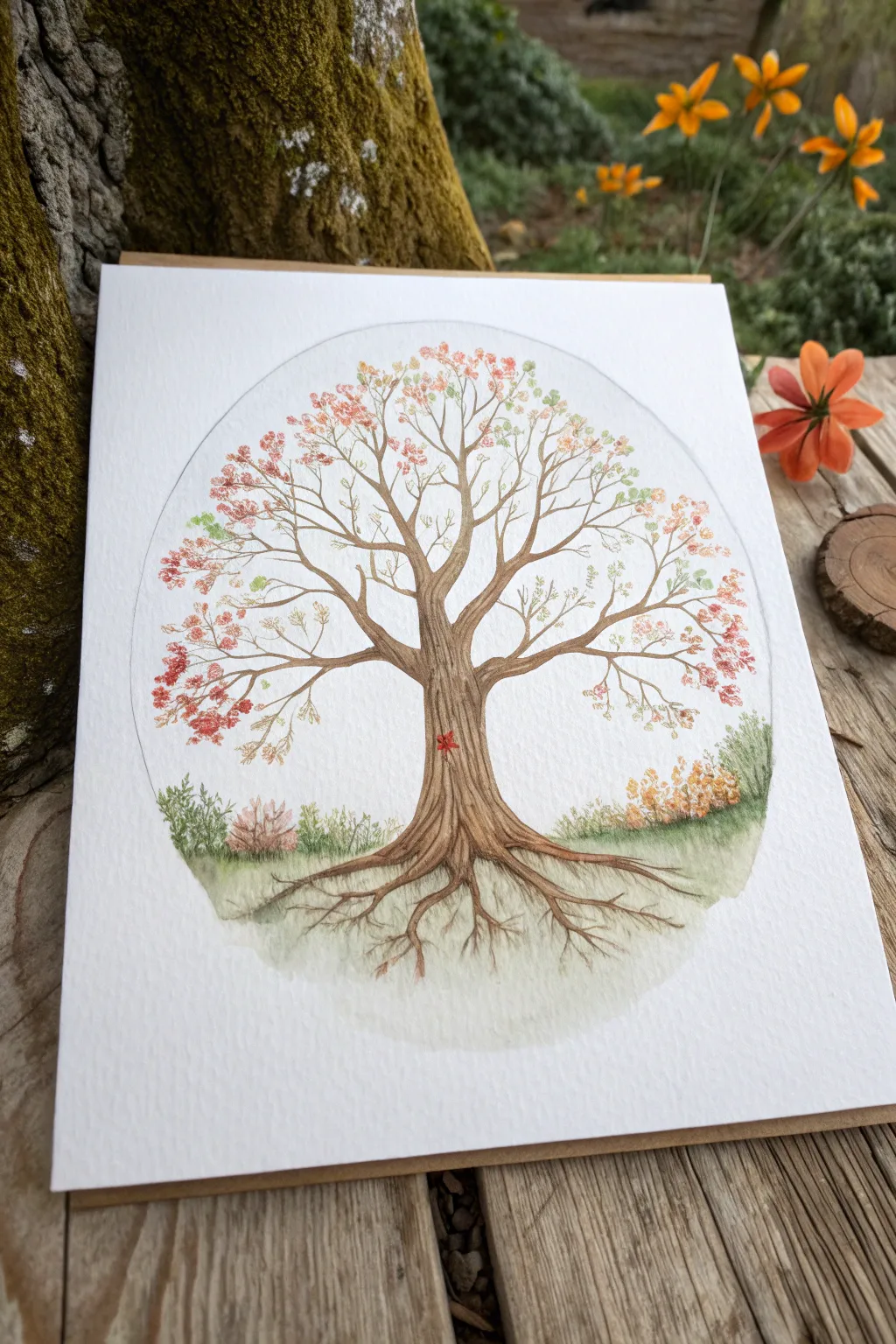 Four-season Tree of Life wheel artwork, minimalist boho palette, high contrast and calming detail
