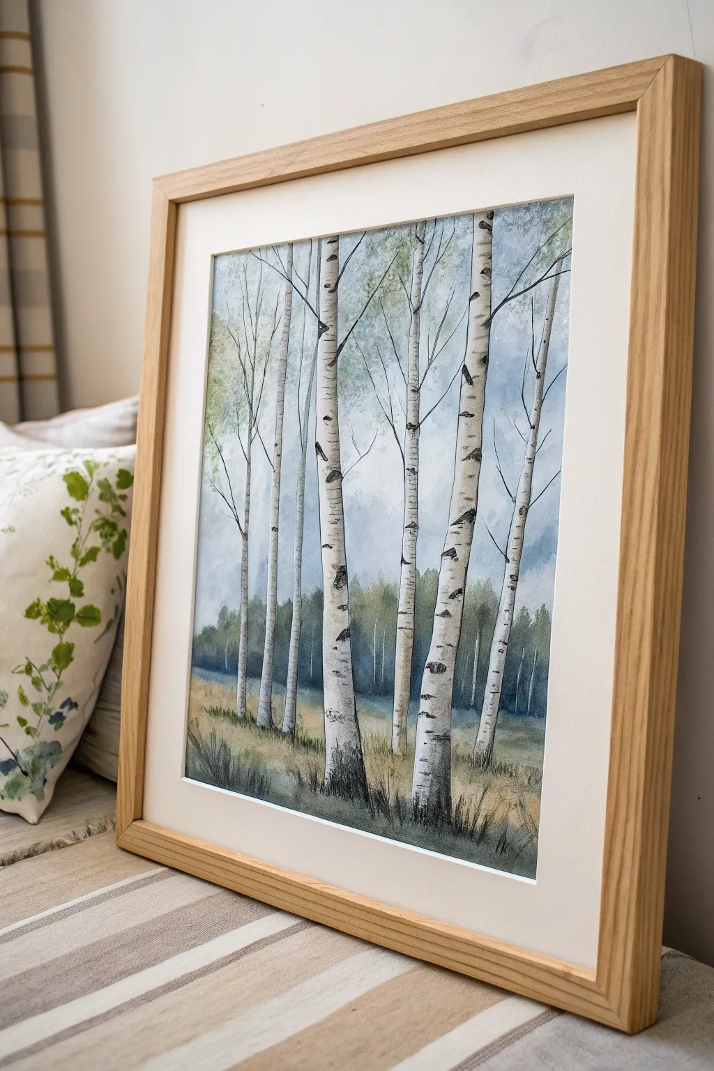 Minimal birch grove painting idea: bold white trunks, soft muted sky, calm Scandinavian mood.