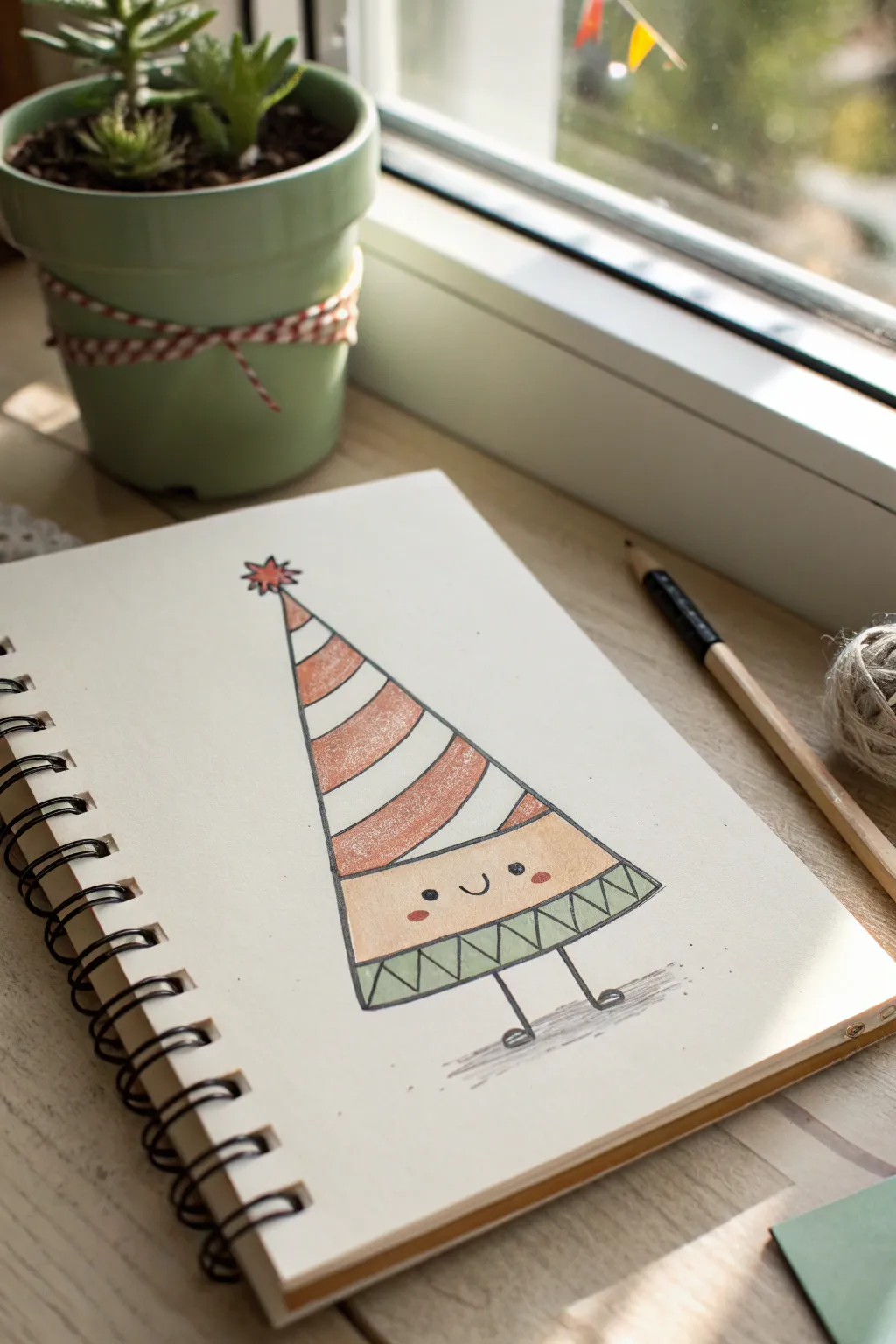 Triangle party-hat character with stripes and a pom-pom, minimalist lines and soft boho colors