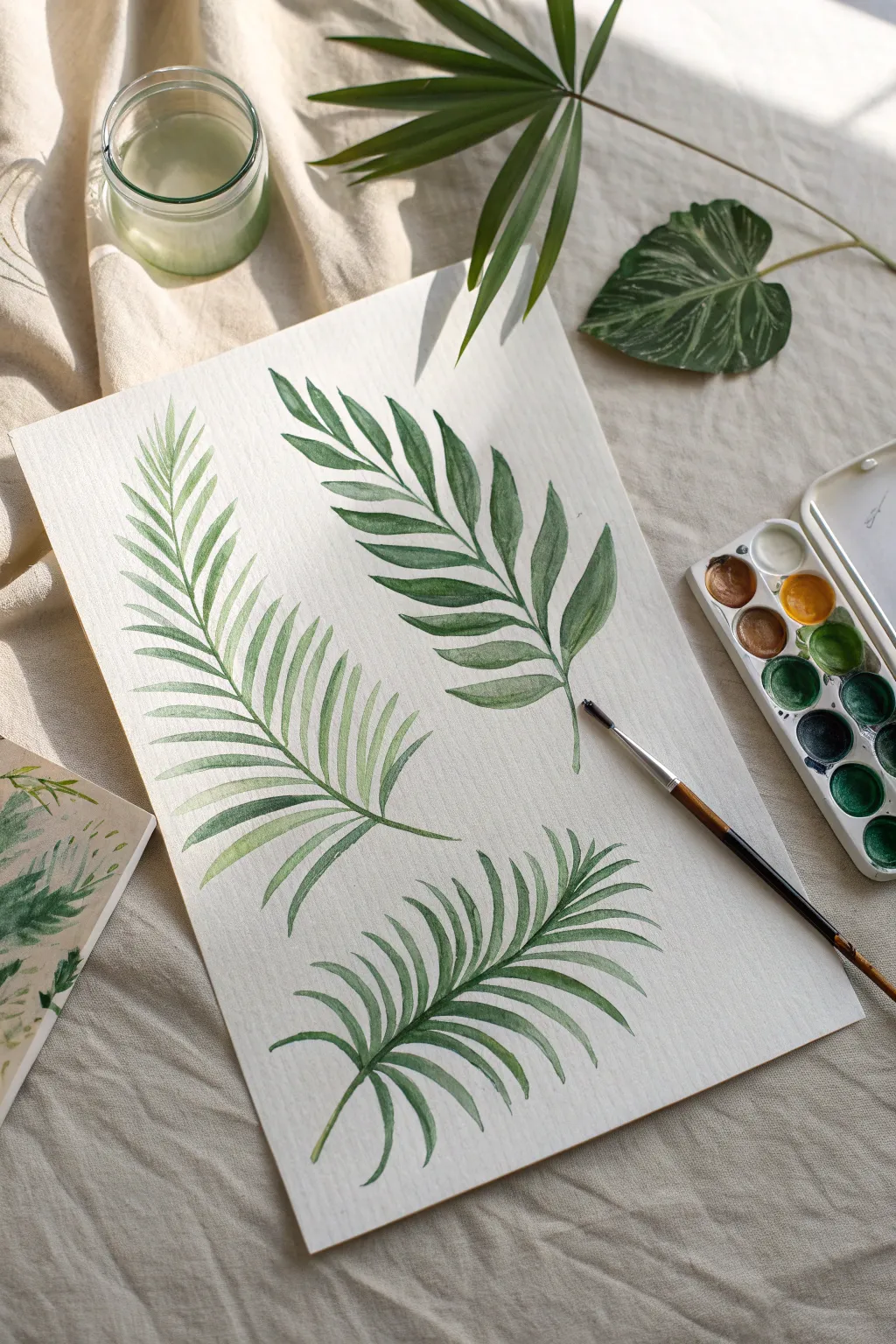 Palm frond brushstroke practice sheet in vivid greens and teals for tropical painting inspiration