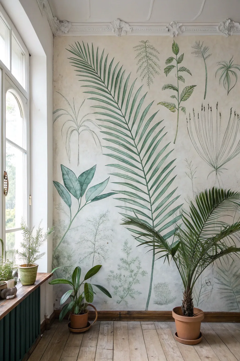 Vintage palm study mural with delicate linework, muted tropical tones, and calm minimalist contrast