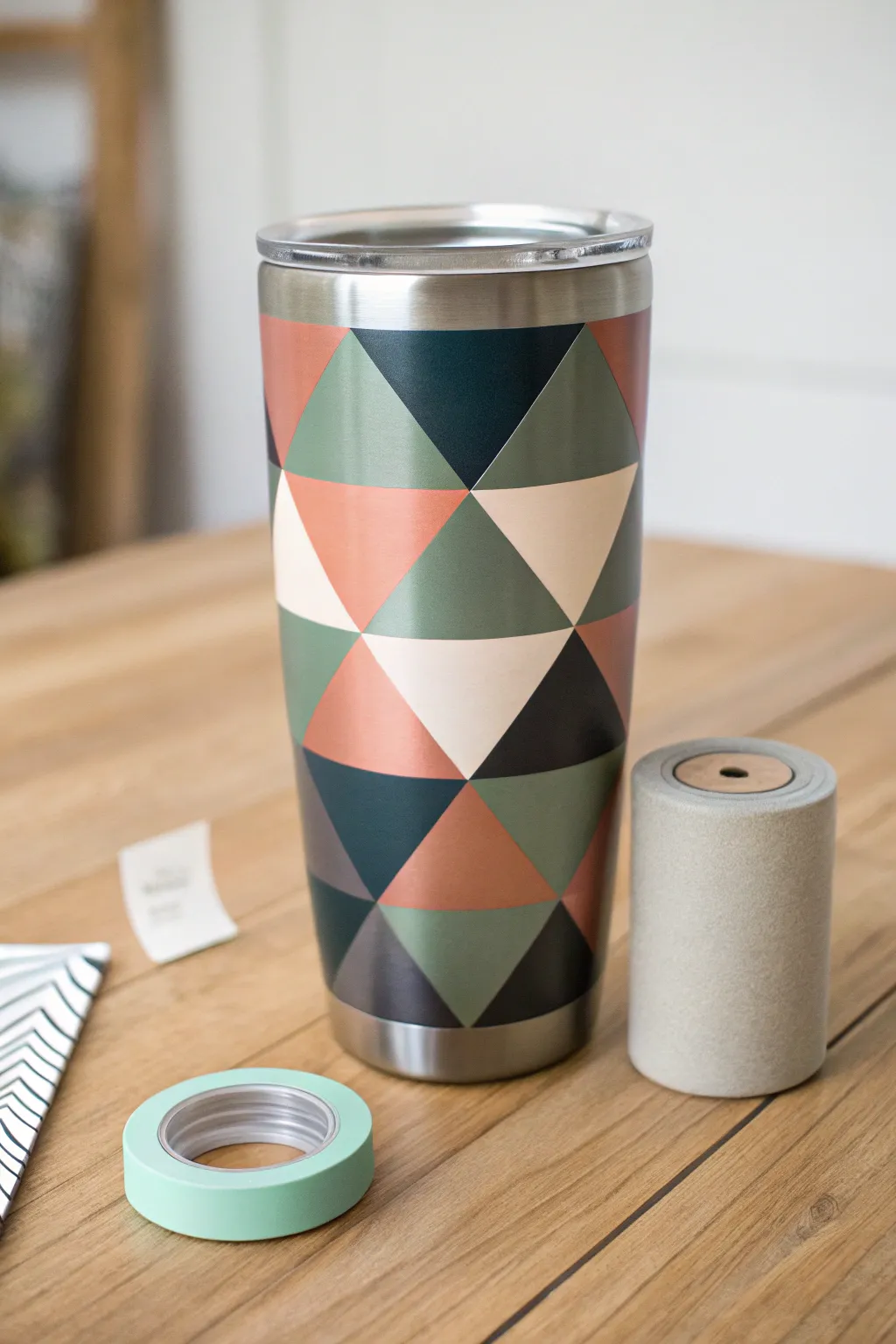 Crisp color-block triangles on a minimalist tumbler, made with painters tape lines