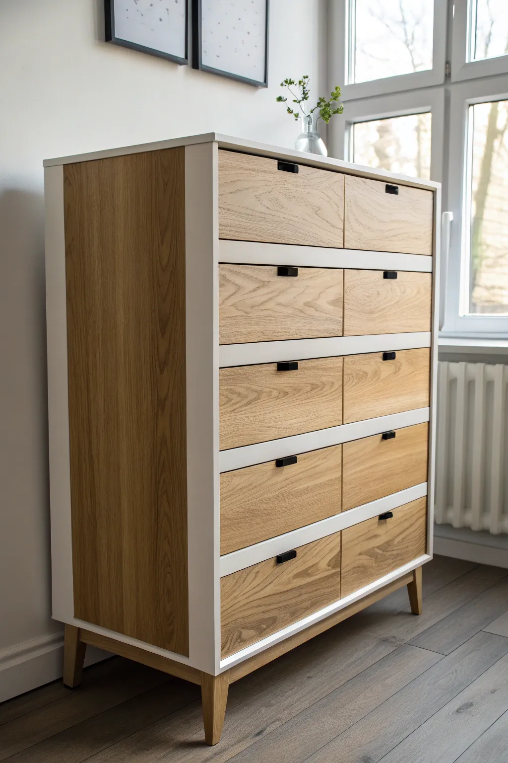 Alternating painted and wood drawers for a crisp two-tone pattern with Scandinavian boho charm