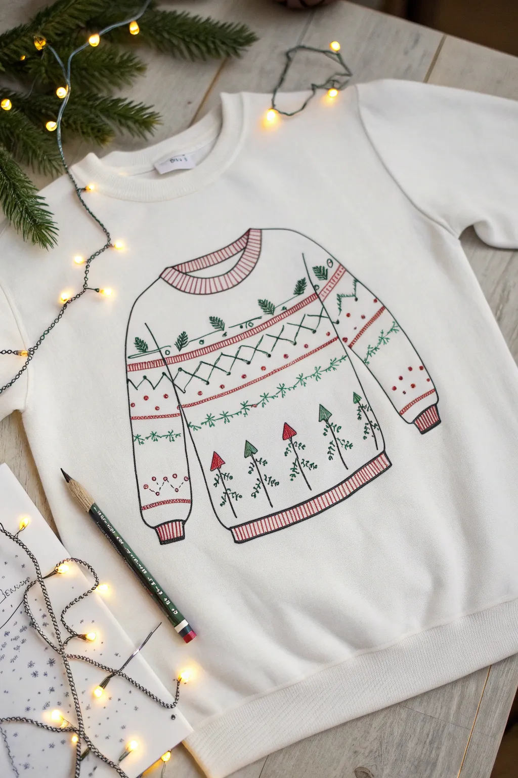 Ugly sweater drawing: tangled Christmas lights looping over knit rows, sleeves, and a tiny plug