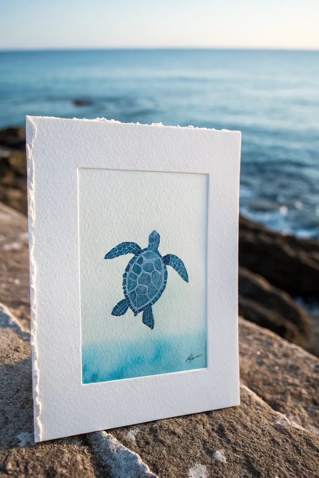 Easy under-the-sea idea: a simple sea turtle silhouette gliding through dreamy blue water