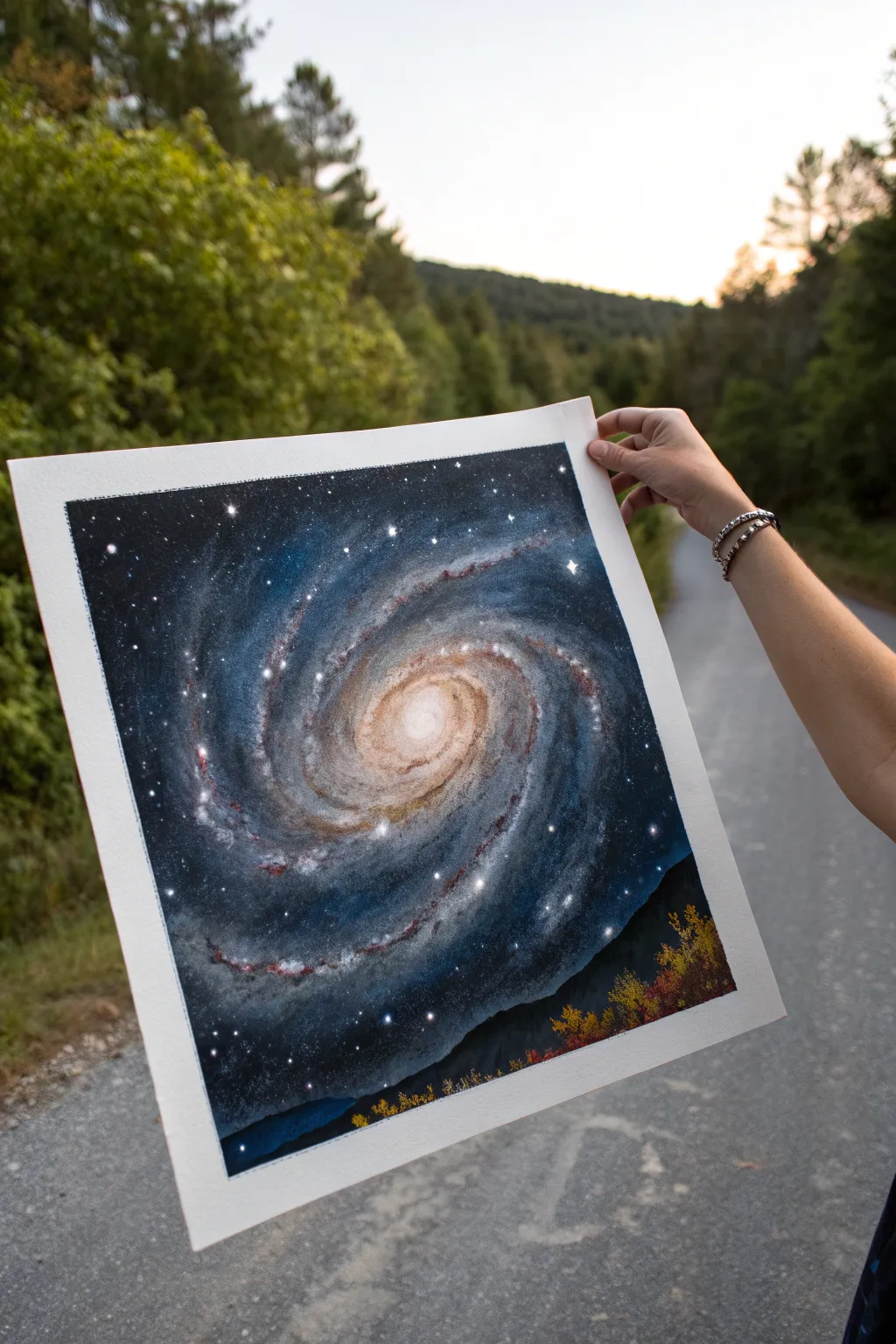 Milky Way swirl painting idea: glowing core, fading spiral arms, and delicate star splatter.