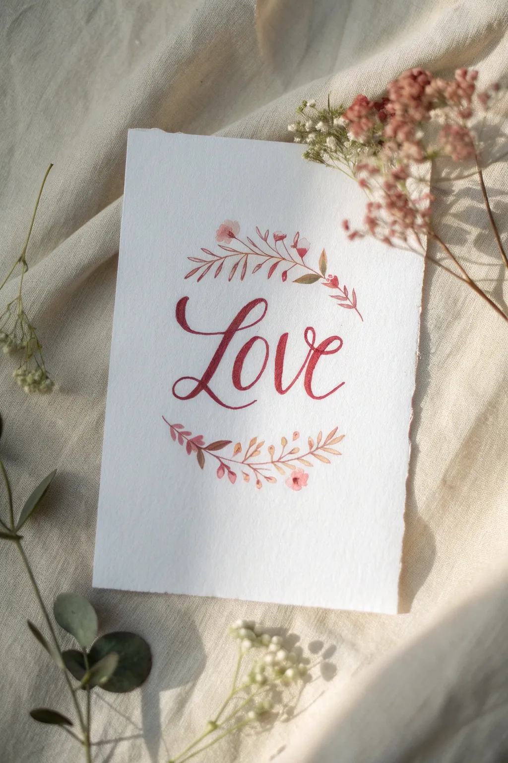 Minimal LOVE lettering with tiny floral accents in blush and red for an elegant Valentine painting