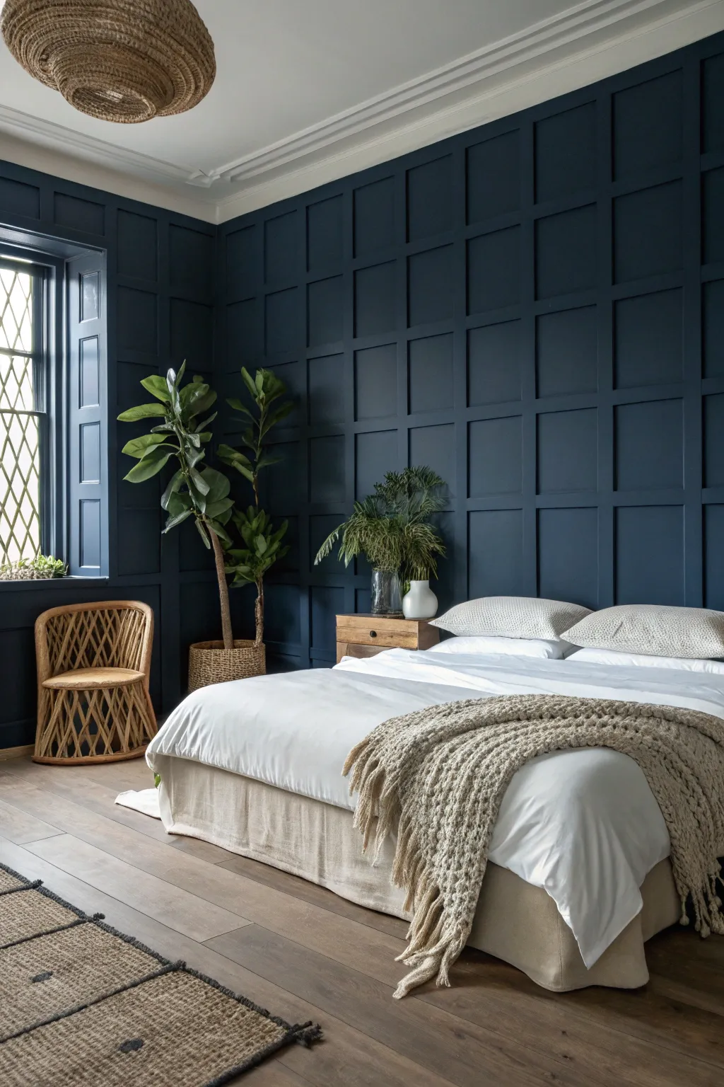 Elevate your bedroom with a dramatic floor-to-ceiling grid wainscoting feature.