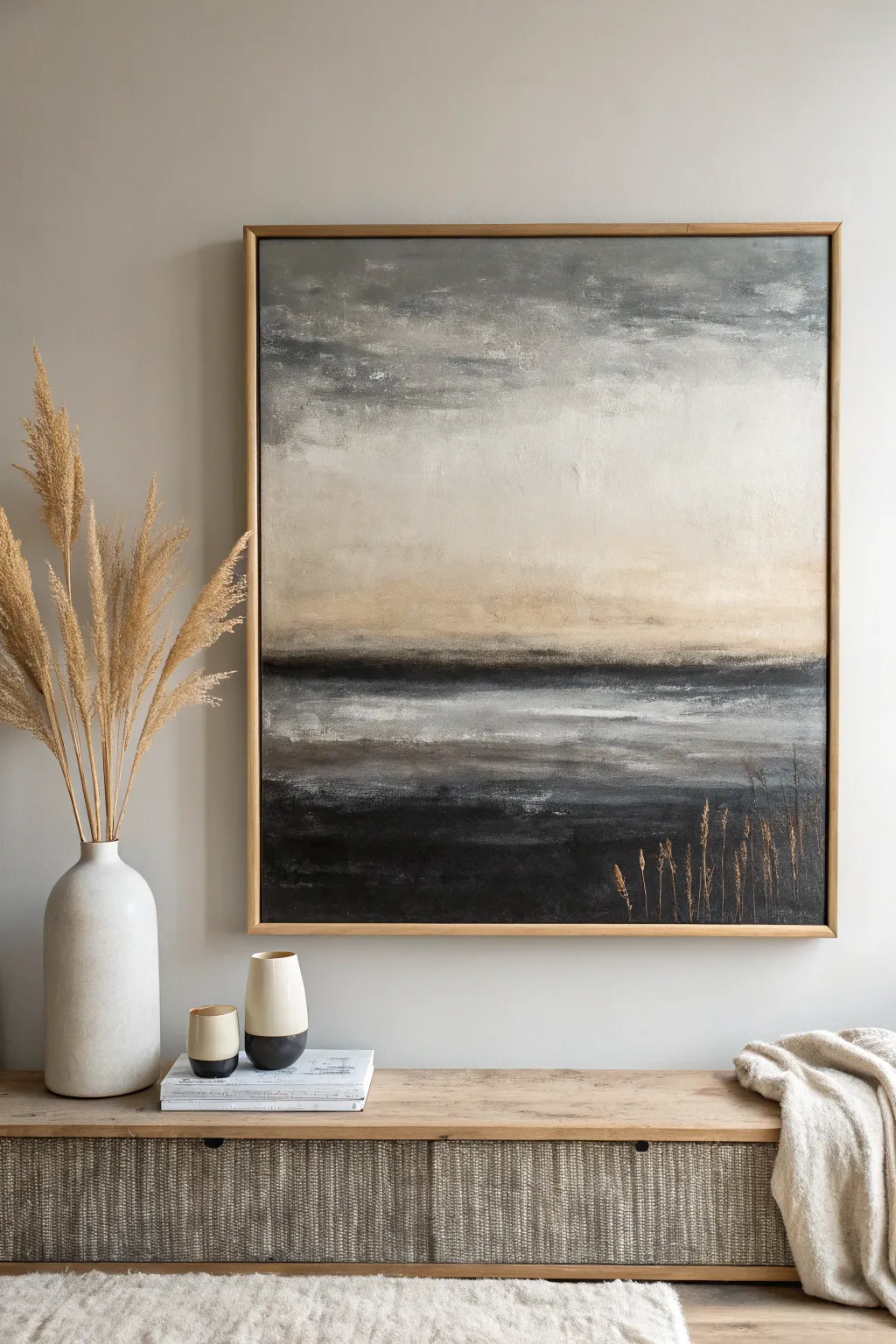 Moody monochrome abstract canvas with creamy blending and bold charcoal accents, styled simply