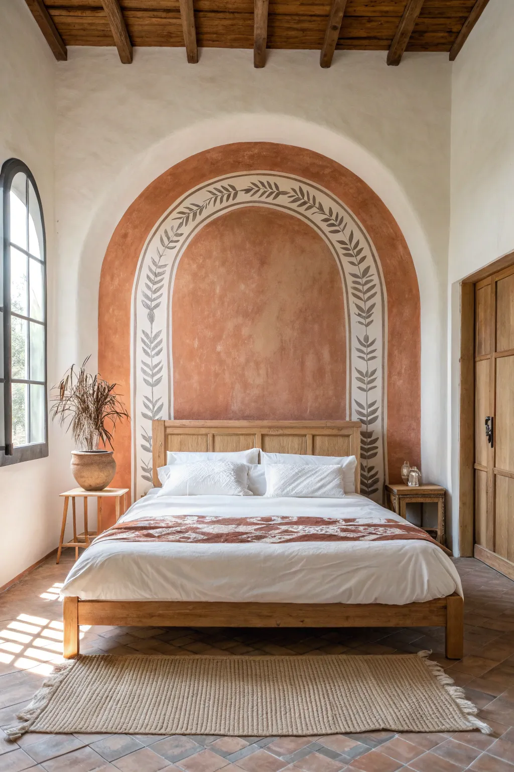 Modern terracotta arch mural headboard adds soft boho warmth to a minimalist bedroom