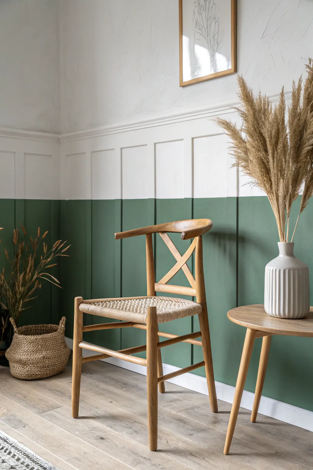 Create visual height and calm with this elegant two-tone sage and white wall.