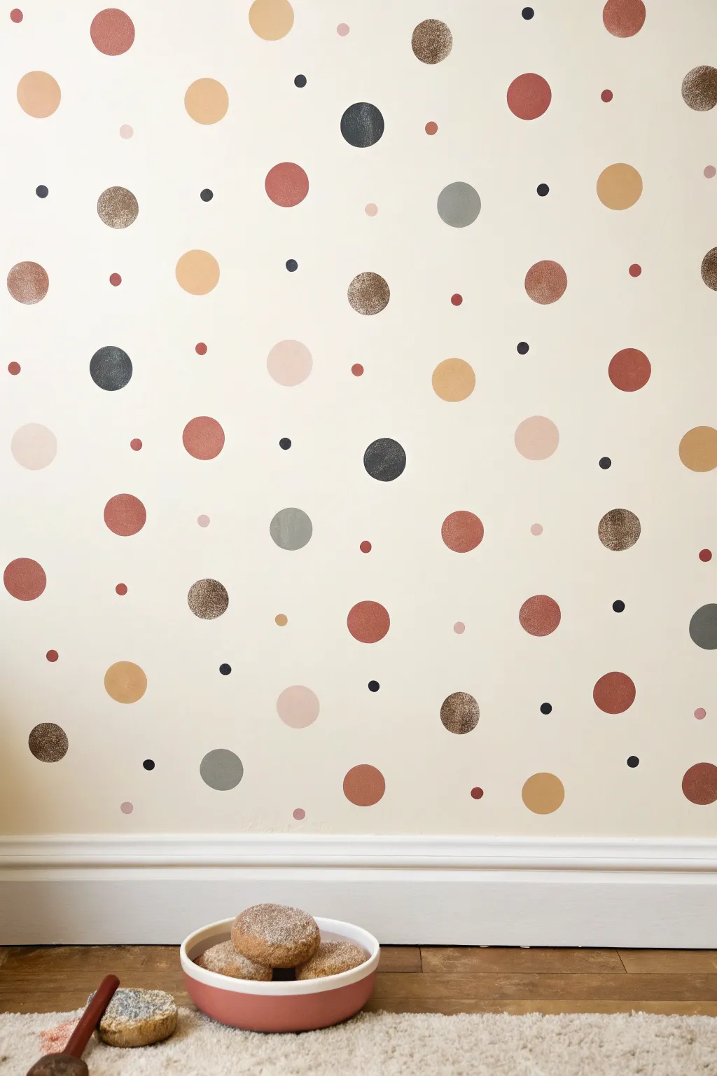 Playful hand-painted polka dot scatter for a calm minimalist wall with subtle boho charm.