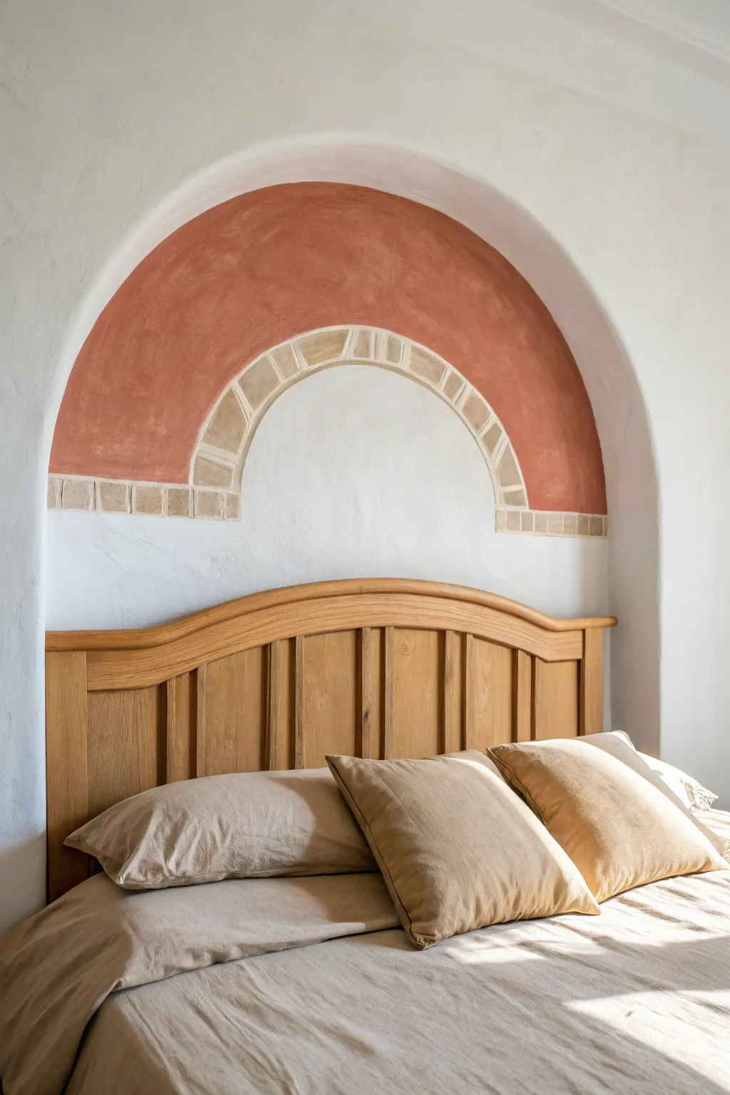 Paint a warm terracotta arch behind your bed or desk for instant depth and cozy minimal style.
