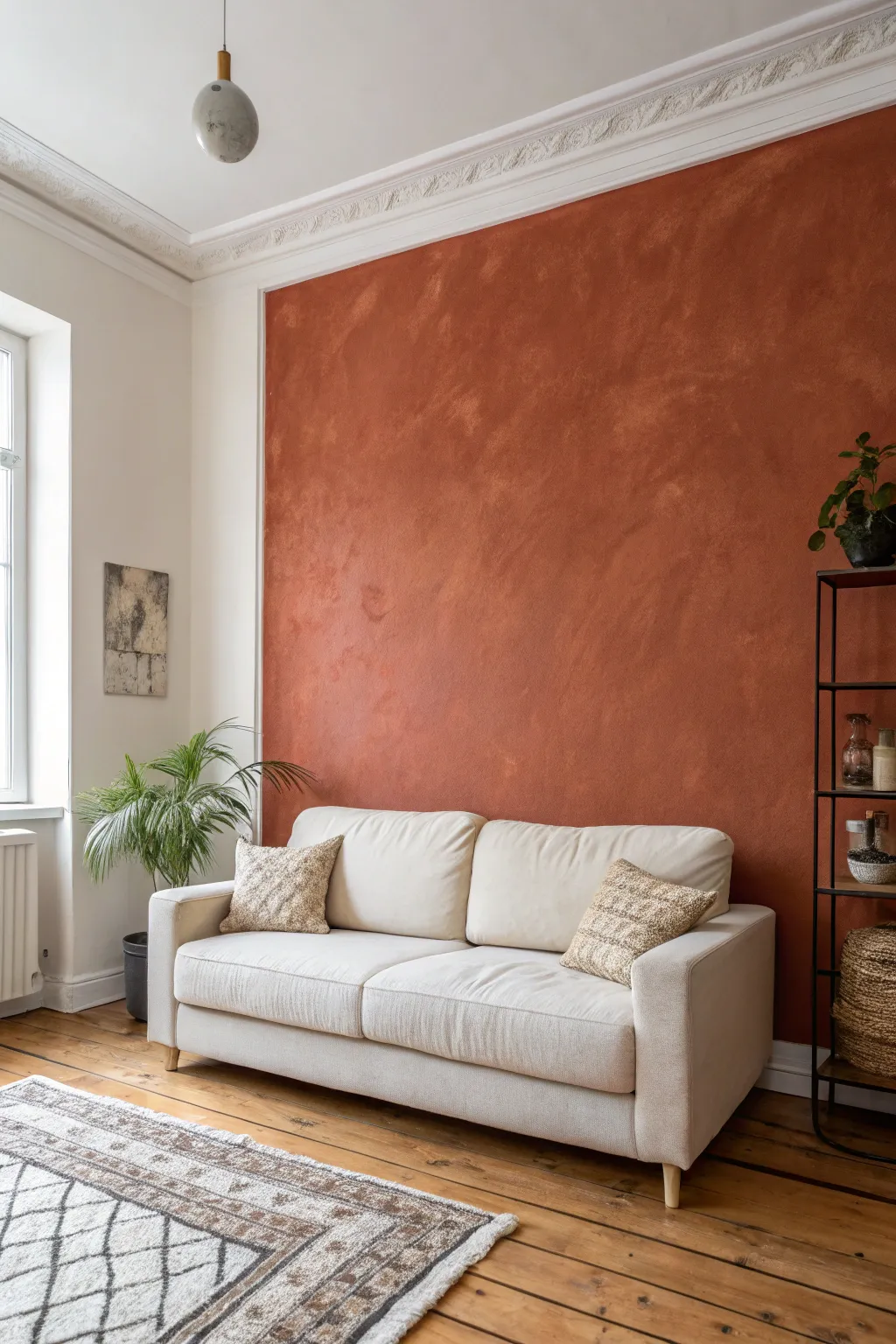 A deep matte accent wall adds cozy drama while keeping the rest of the living room light.