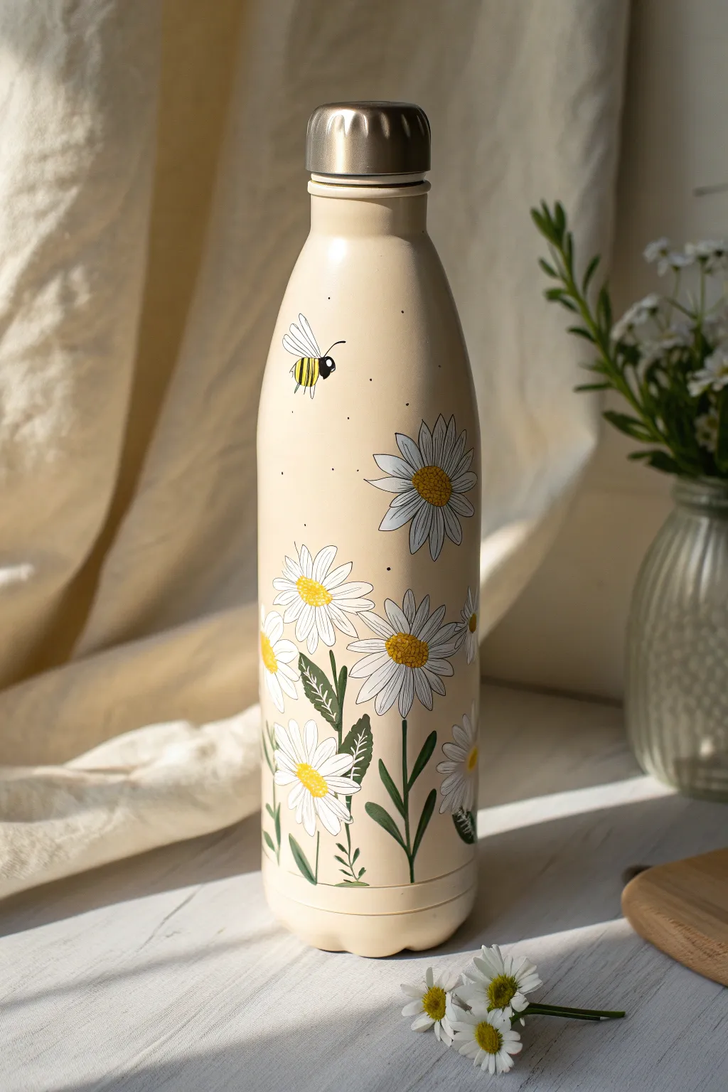 Sunlit daisy and bee water bottle paint design, minimal boho vibes for easy DIY.