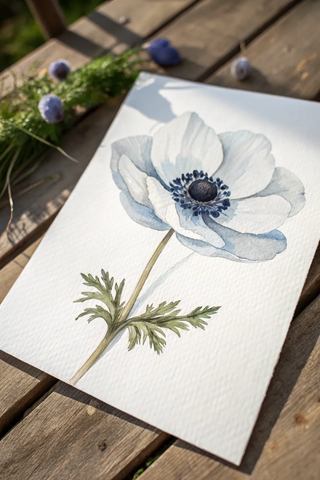 Bold watercolor anemone: white petals, indigo shadows, and a dramatic inky dotted center.